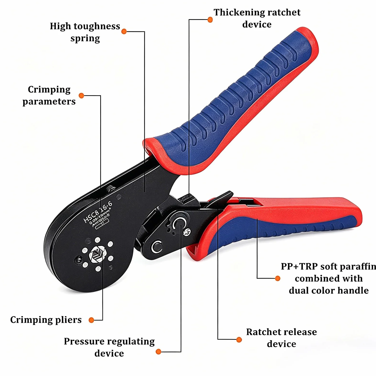 ZONJIE Alicates de crimpado 0,08-16 mm² 30-5 AWG herramienta para terminales de alambre aislados trinquete mandíbulas cuadriláteras