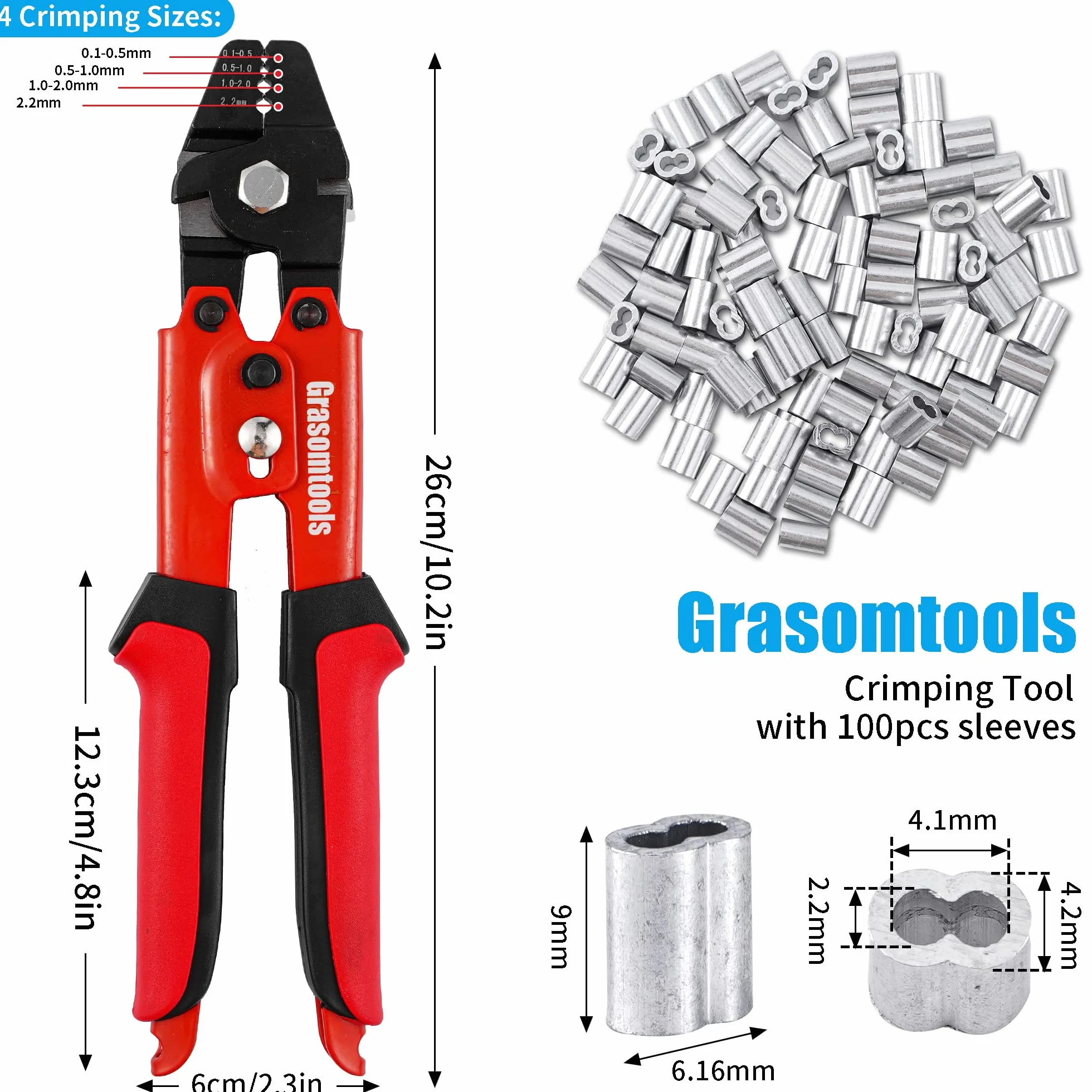 Herramienta de crimpado de cable de acero, kit de 100 piezas, manguitos de aluminio de doble barril, hasta 2,2 mm