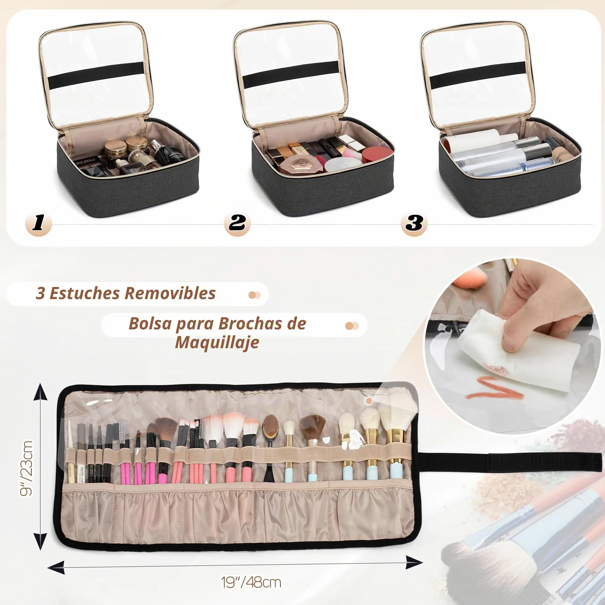 Luxja Estuche de Maquillaje con Ruedas, Bolsa de Cosméticos, Negro | Bolsa de Maquillaje con 3 Bolsas Extraíbles y 1 Bolsa para Brochas de Maquillaje