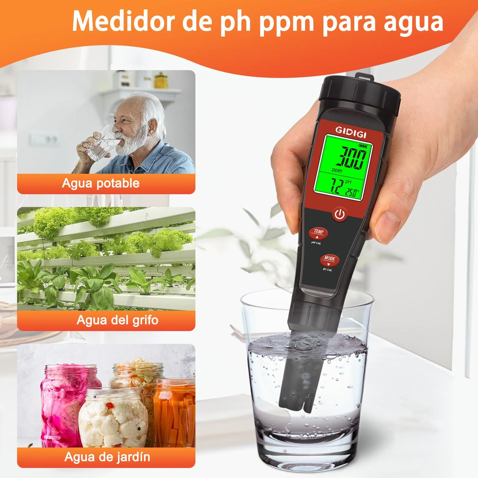 Medidor pH Agua 4 en 1, Probador Digital pH EC TDS para Piscina, Hidroponia, Agua Potable