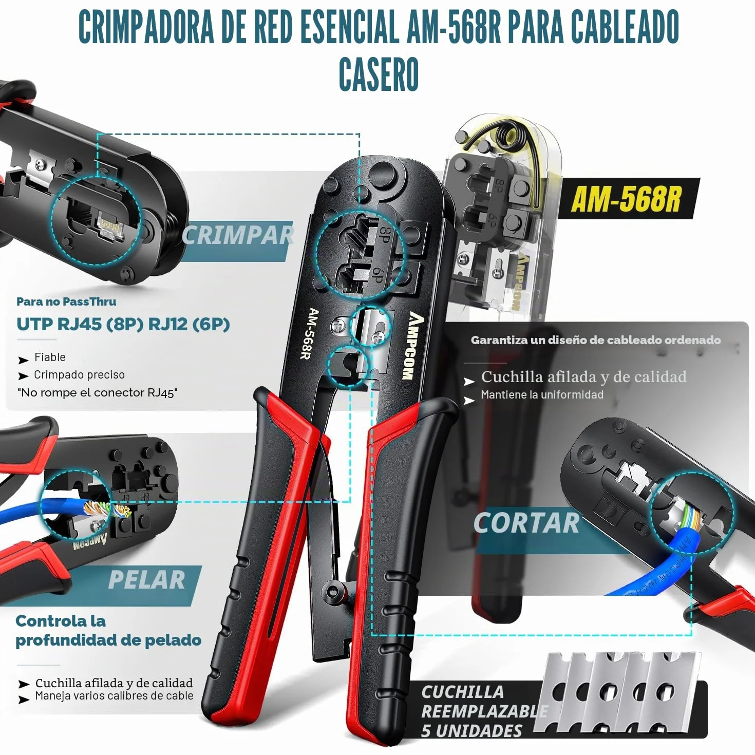 AMP COM 7 en 1 Kit de herramientas RJ45/RJ11 para conectores Cat6/Cat5e/Cat5 y pelacables de perforación 110 en bolsa impermeable