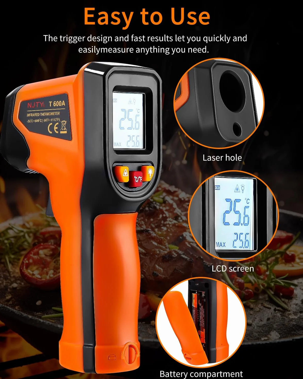 Termómetro Infrarrojo Digital -50℃~600℃ Pistola Temperatura Láser Sin Contacto con Pantalla LCD