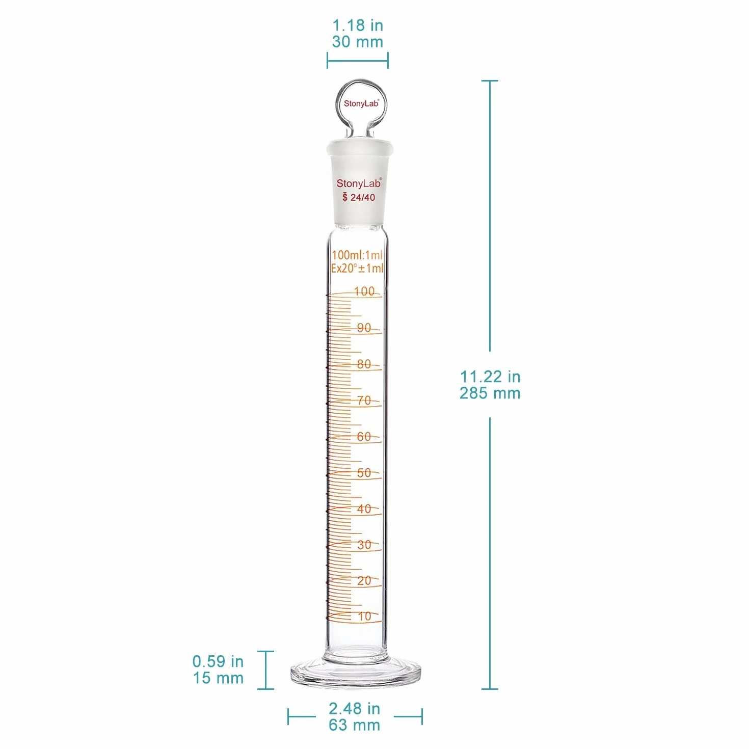 Stonylab Matraz de Vidrio de Borosilicato 100 ml con Junta 24/40 y Tapón