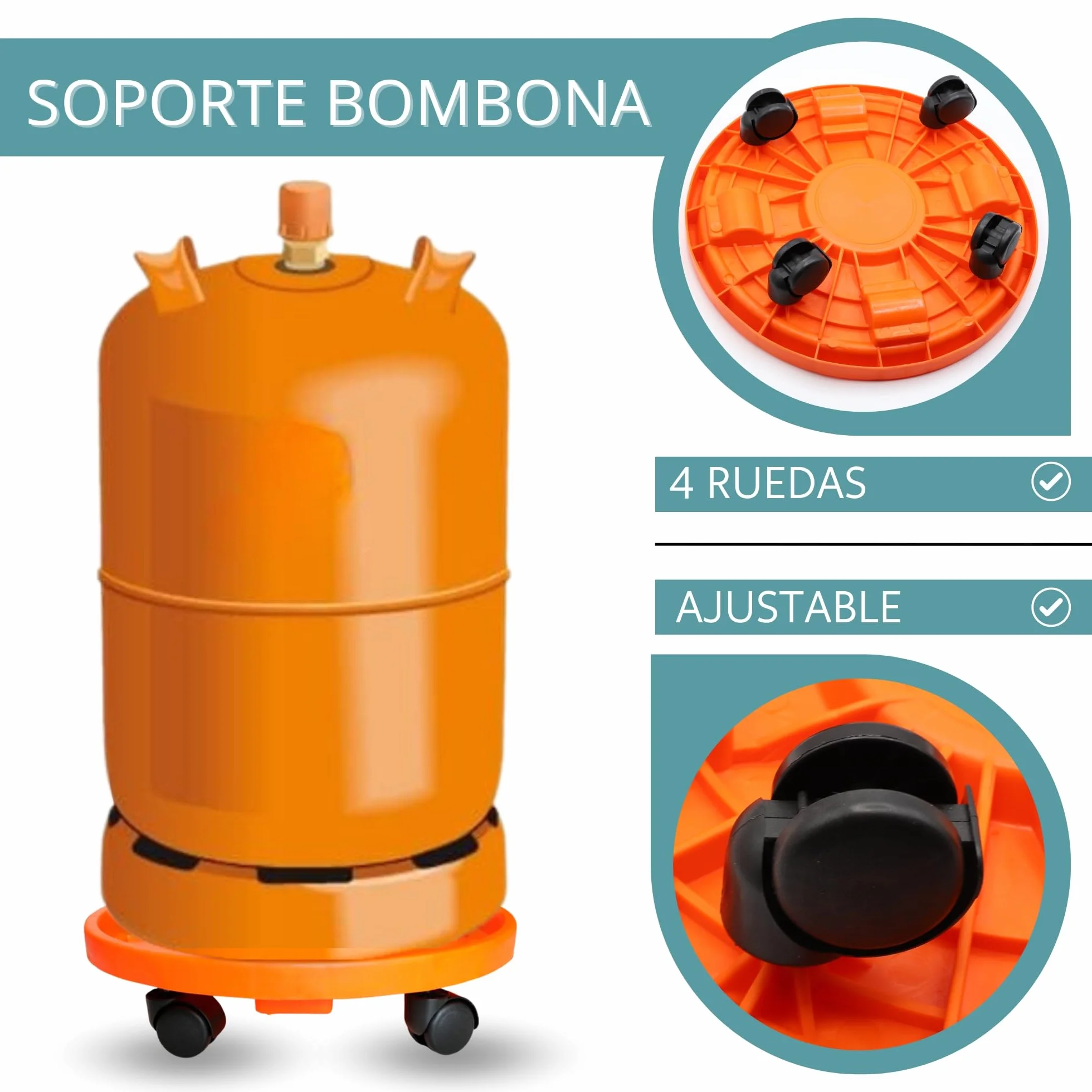 TECHZOCO Soporte para bombona butano Portabombonas Carro Porta bombona Gas Plástico 4 Ruedas 33,5 cm Naranja
