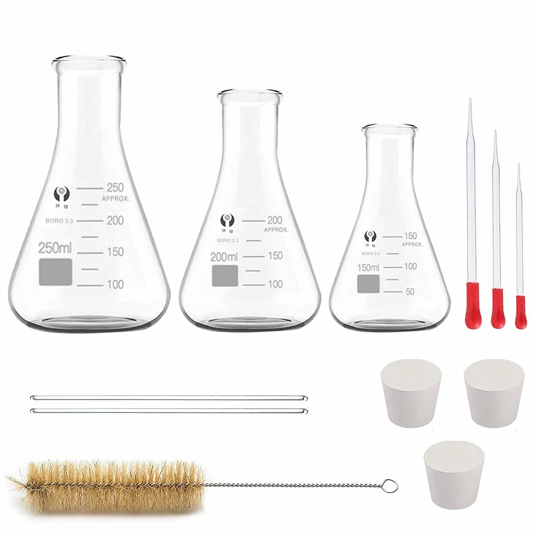 JESSTOLO Juego de Matraces Erlenmeyer de Vidrio 150ml 200ml 250ml con Tapones de Goma