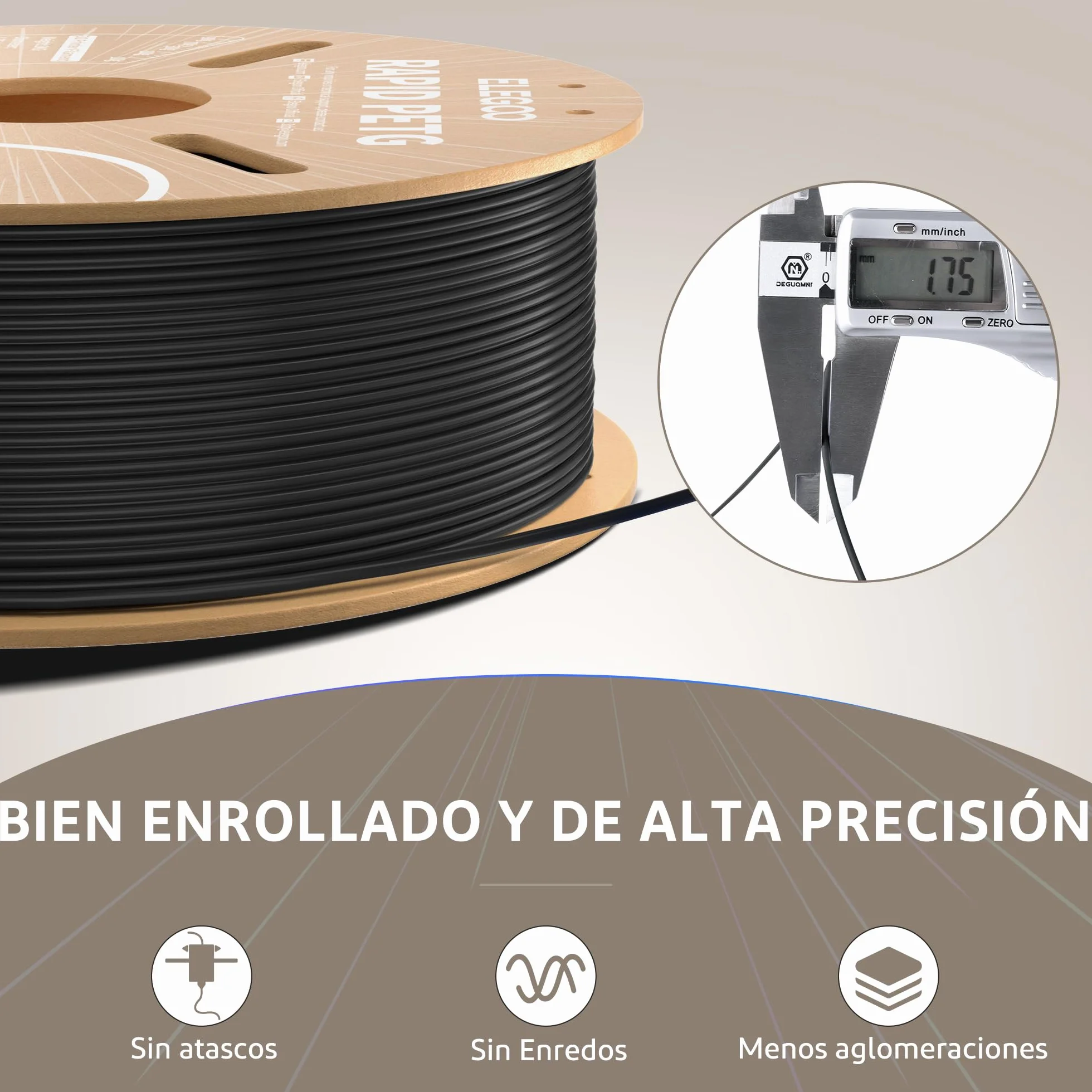 ELEGOO Filamento PETG Rápido 1.75mm 1KG Negro, Alta Velocidad 30-600mm/s para Impresora 3D