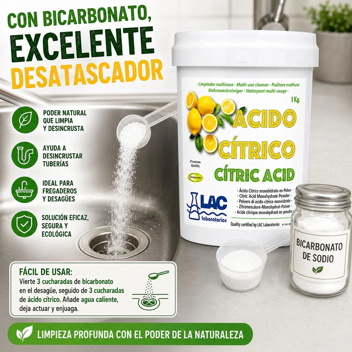 Ácido Cítrico anhidro natural 100% puro 1 kg laboratorios LAC