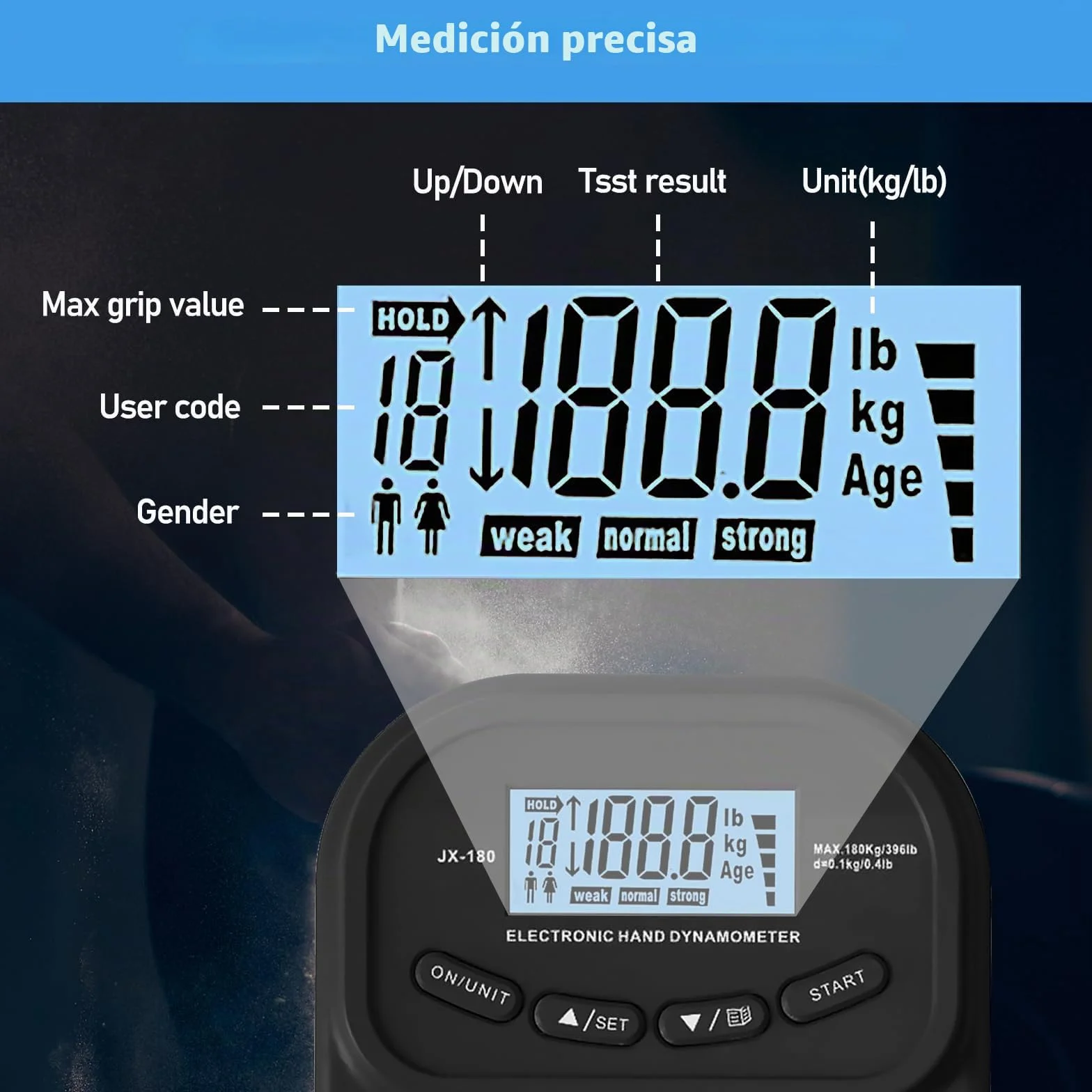 Medidor digital de fuerza de mano 90 kg / 198 lb dinamómetro con pantalla LED USB