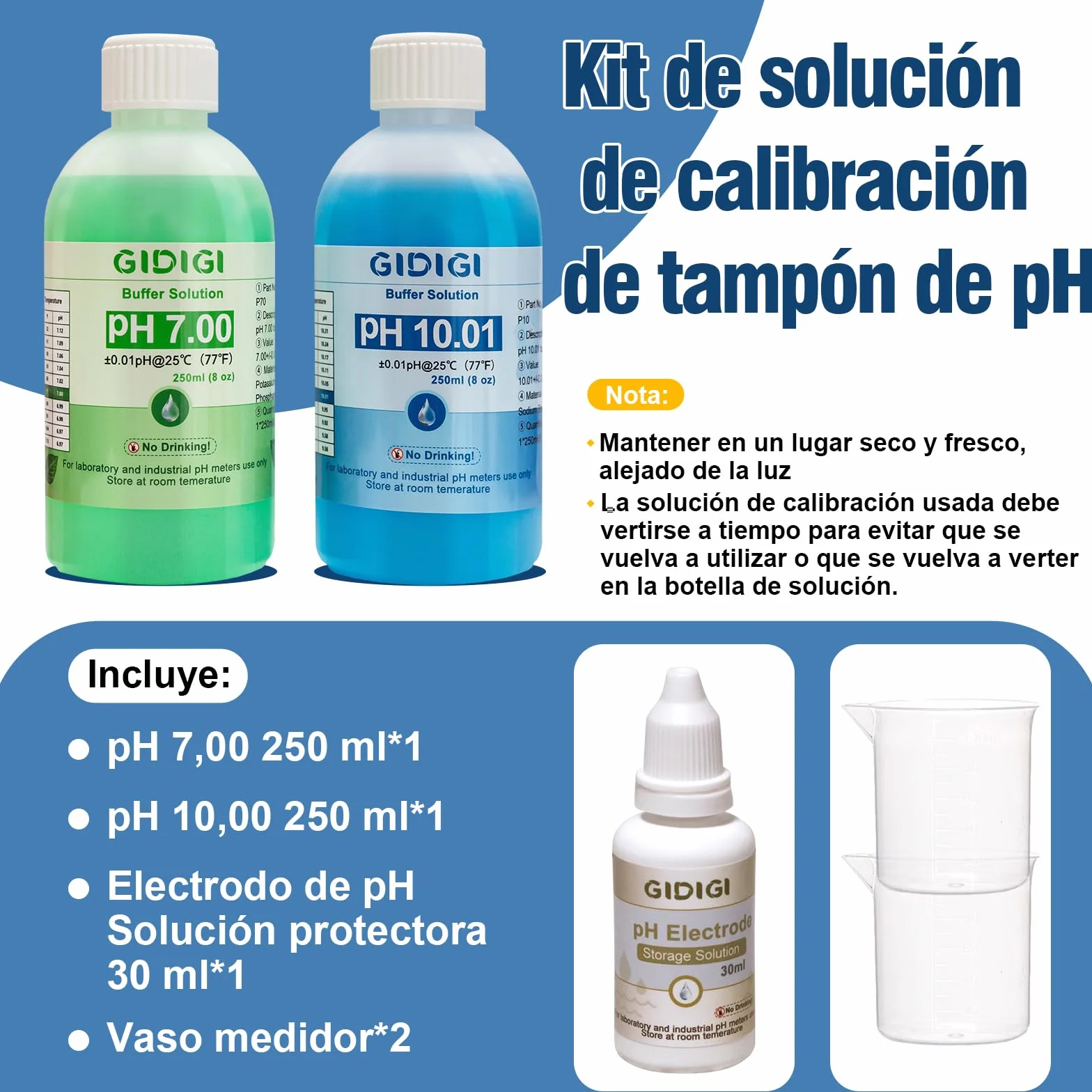 Kit de solución de calibración de medidor de pH, pH 7,00, 10,01 y solución de protección de electrodo