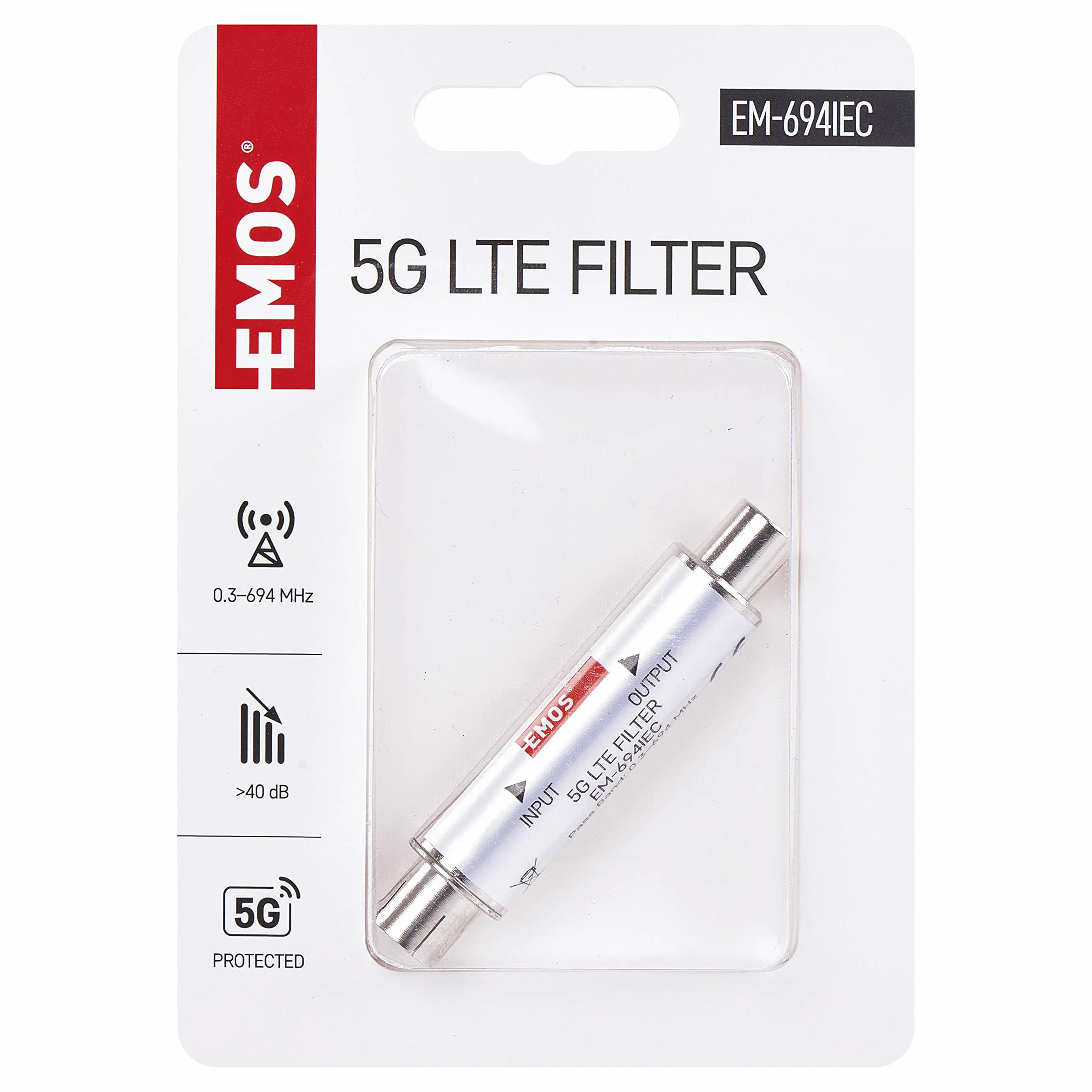 EMOS Filtro de Bloqueo LTE/4G/5G, 694 MHz, 1,6 x 6,8 cm, Conector coaxial, Plateado