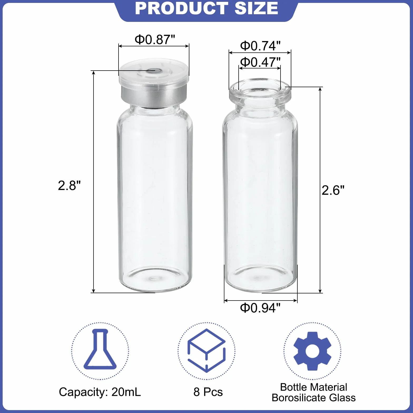 PATIKIL Viales de Muestra 20ml, 8 Paquete, Viales de Vidrio Borosilicato con Tapón de Goma Butilo y Tapas Engarzadas, Transparente