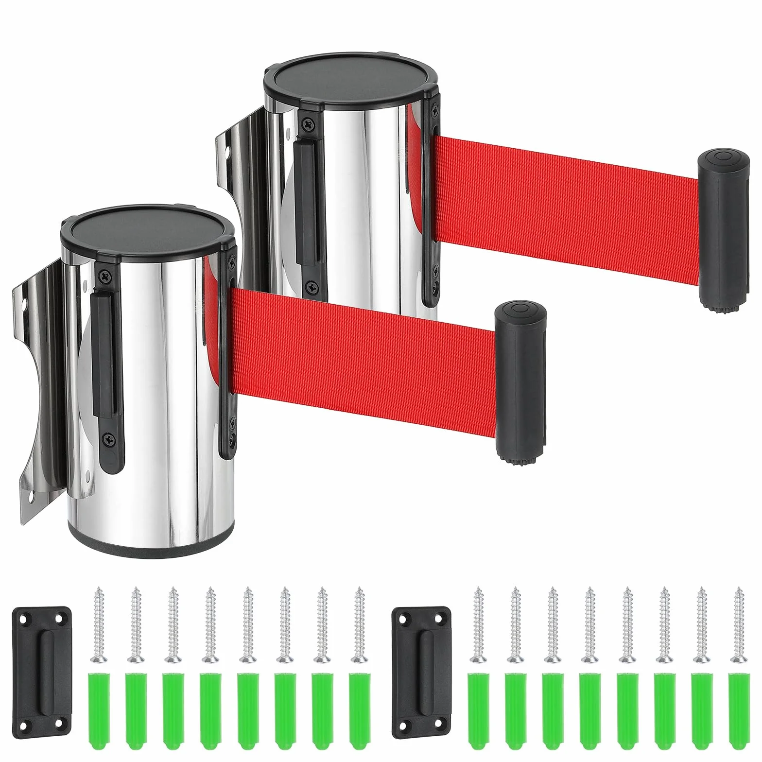 QUARKZMAN Barrera Retráctil Fija Para Pared 5 Metros Cinturón Control Multitudes Colas Tiendas Estadios Rojo Caja Acero Paquete 2