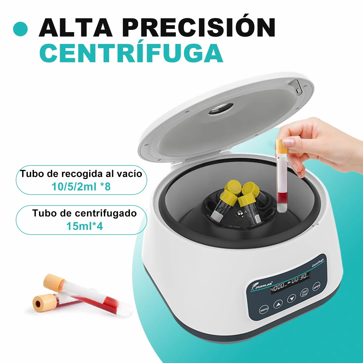 JOANLAB Centrífuga de Baja Velocidad 4000 RPM 2173 xg Temporizador 30s-59min 4x15ml u 8x2/5/10ml Tubos LC-400