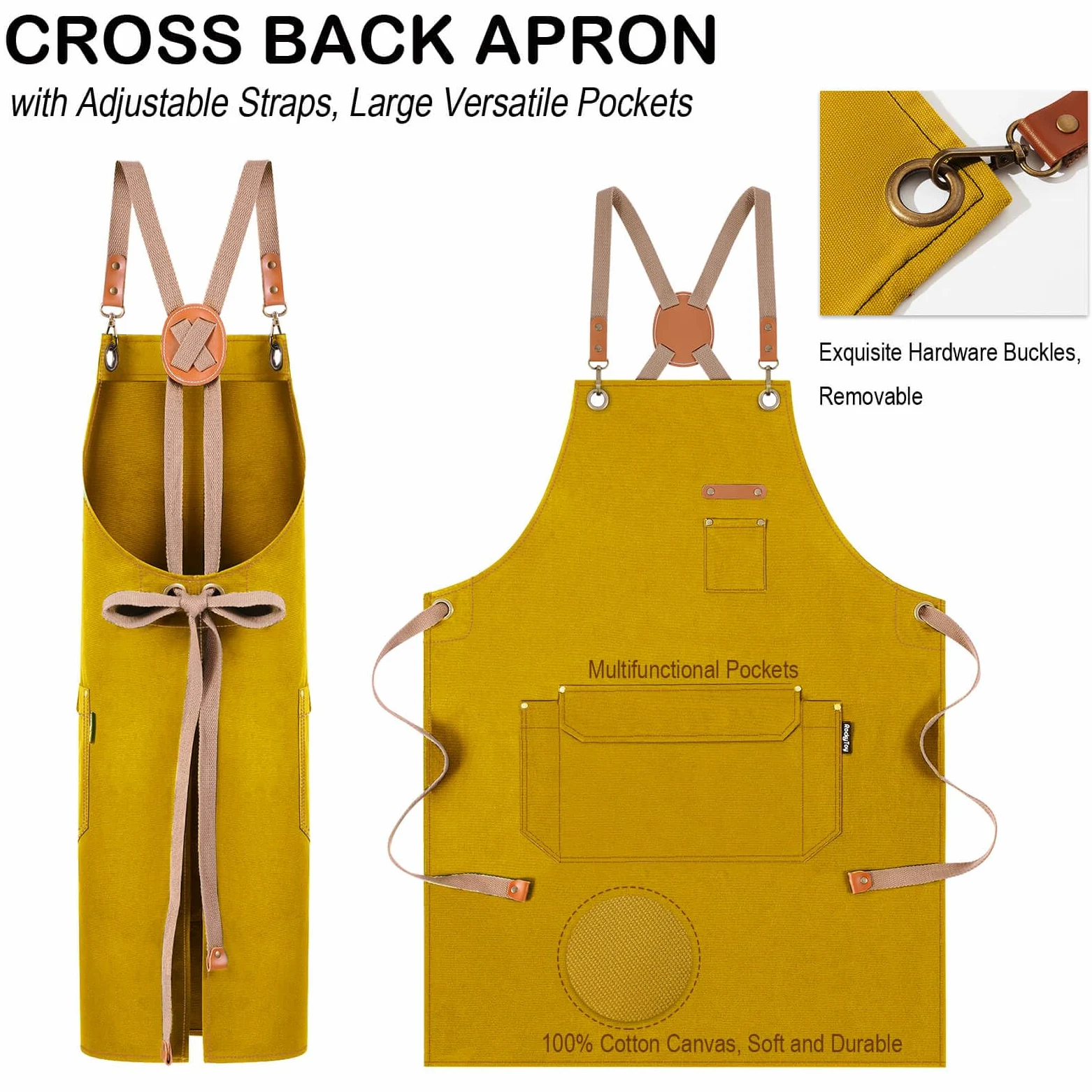 Delantal de trabajo para chef, hombres y mujeres, con bolsillos, delantales de lona de algodón para trabajar en el jardín, cocina y pintura de artista, Amarillo, X-Large