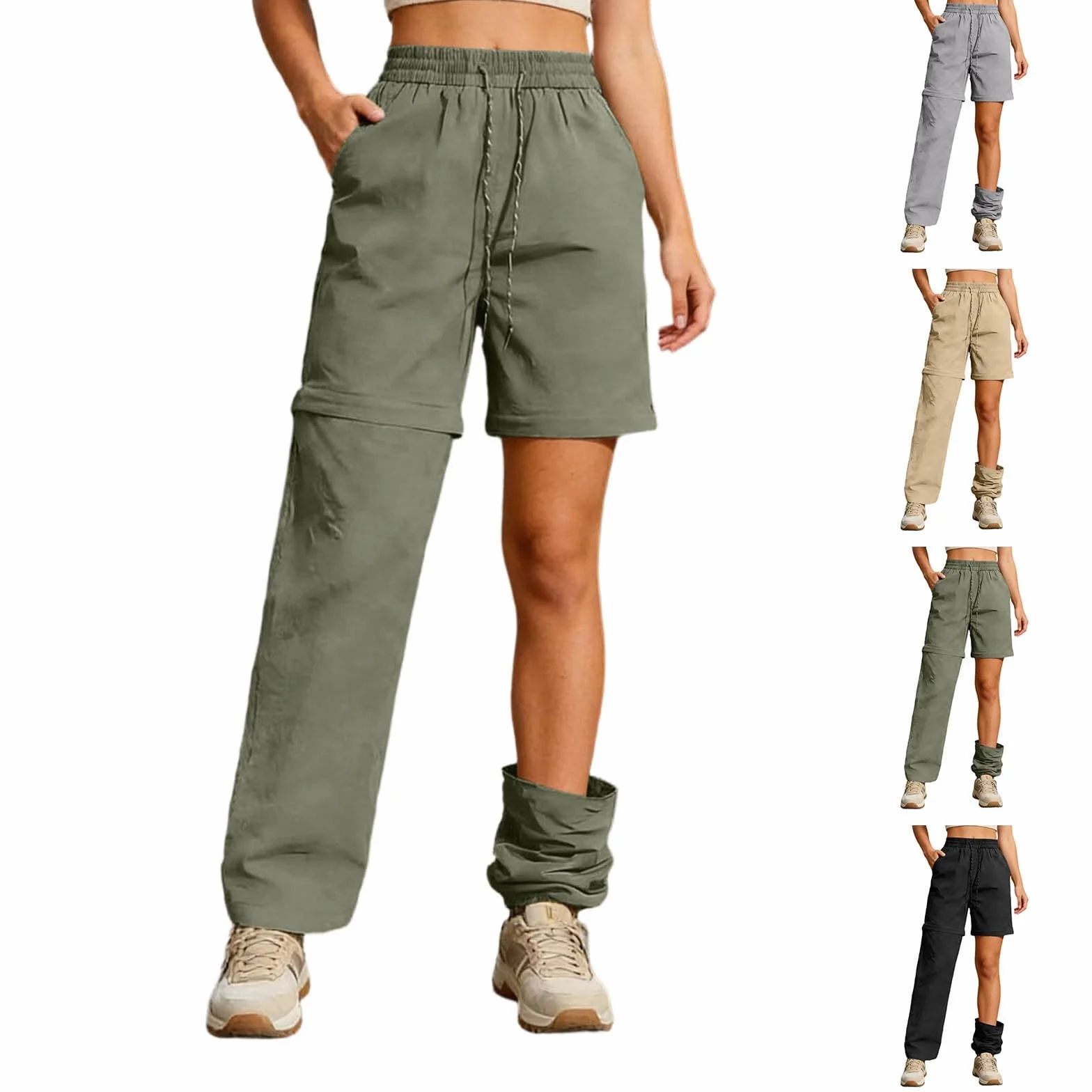 Pantalón de Senderismo Convertible Mujer Verano Secado Rápido Safari Exterior Pantalón Cintura Elástica Trekking Pantalones con Bolsillos Cordones