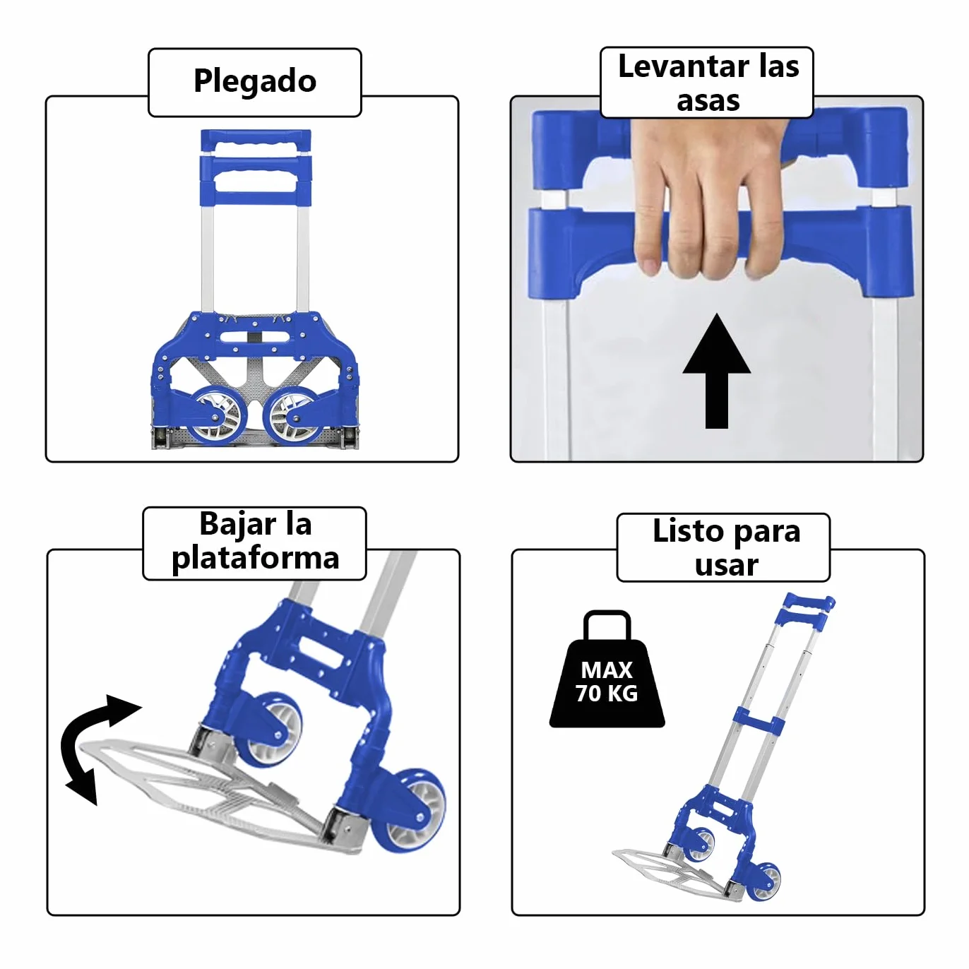 MERCURY TEXTIL Carretilla Plegable de Aluminio con Cuerda, Carro de Mano Compacto, 70kg, Azul