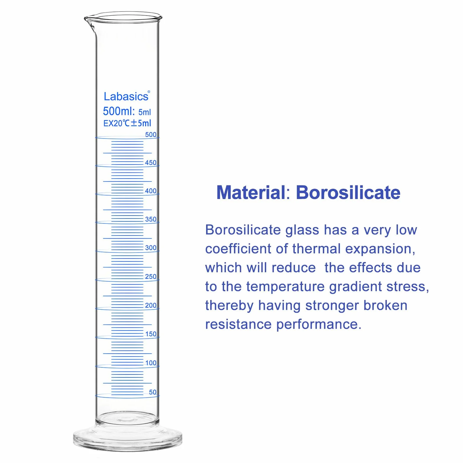 Cilindro Graduado de Vidrio de Borosilicato 500 ml, Medidor de Laboratorio Resistente