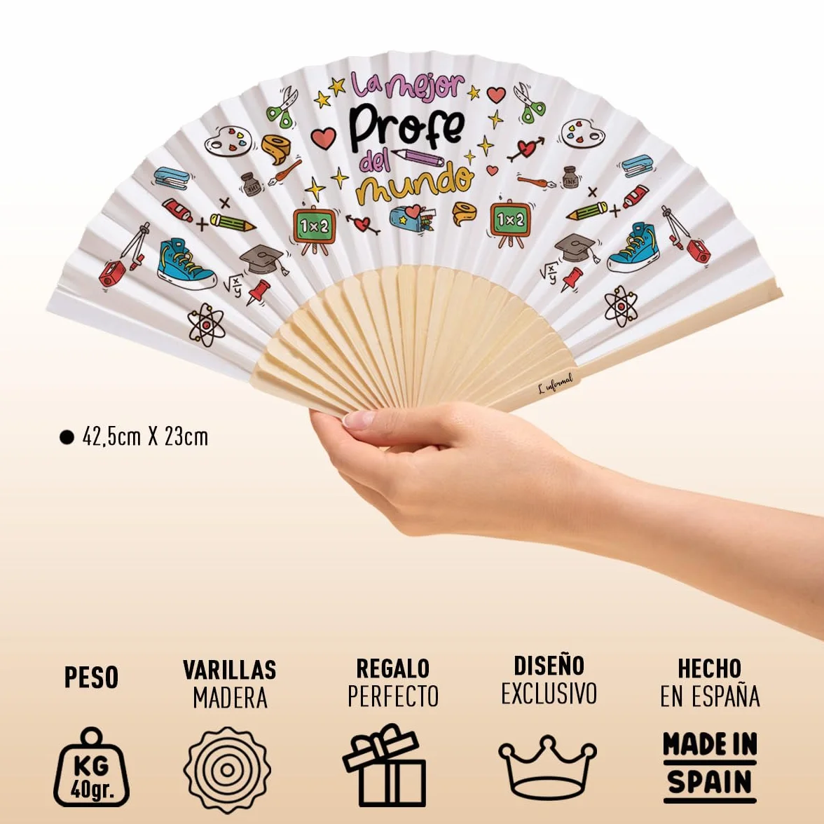 LINFORMAL - Abanicos Originales para Profesora - Hecho en España con Madera y Tela - Regalo Final de Curso - Diseño Elegante y Personalizado en Castellano o Catalán