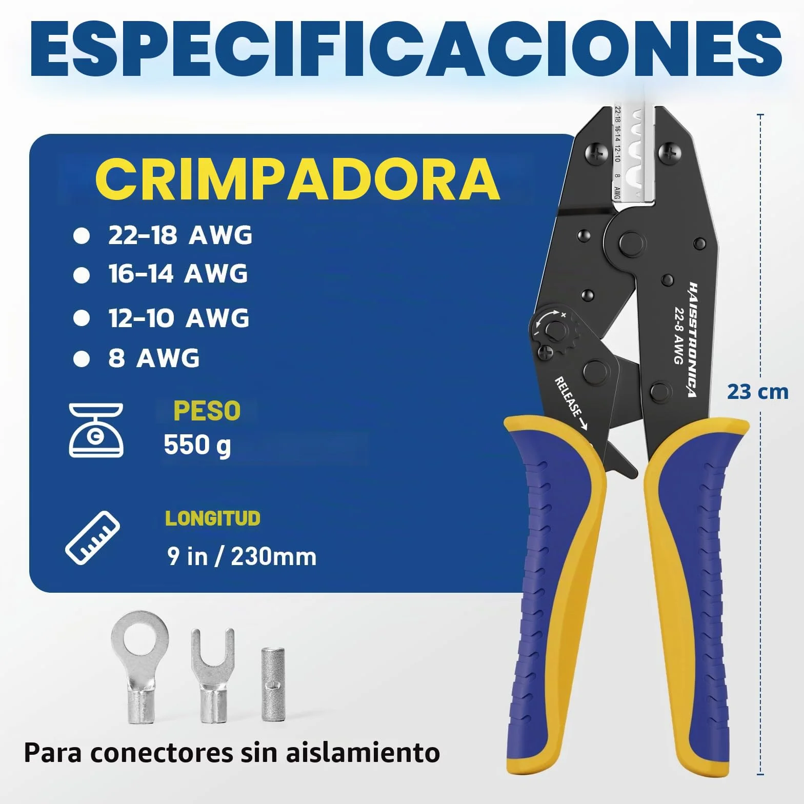 Haisstronica Crimpadora para Terminales No Aislados 0,5–10 mm² AWG22–8 Alicate de Carraca