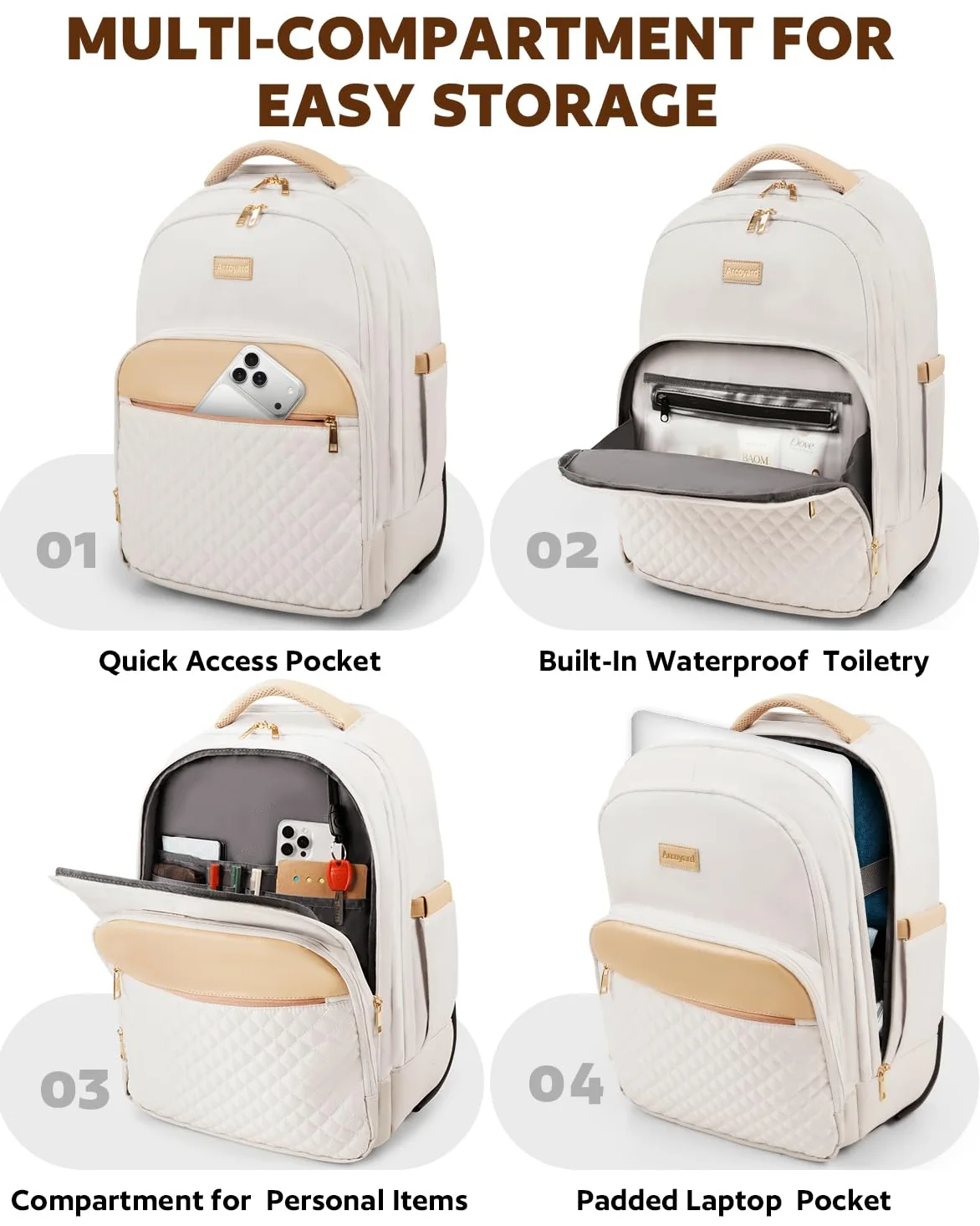 Arcoyard Mochila con ruedas para adultos, mochila con ruedas para mujer, mochila de viaje con ruedas