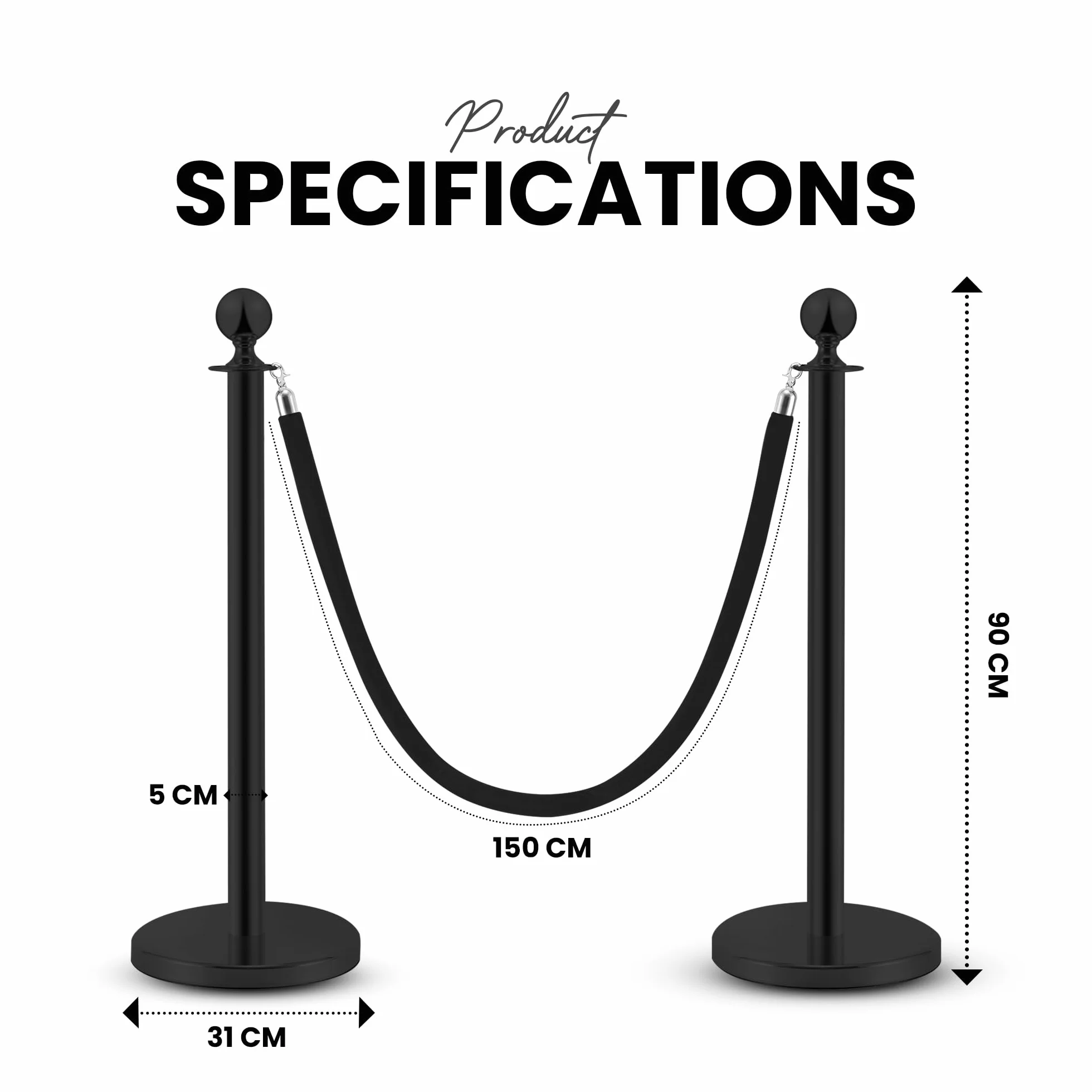 Postes Separadores de Acero Inoxidable Negro 90 cm 2 Piezas con Cuerda de Terciopelo 1,5 m Control de Multitudes