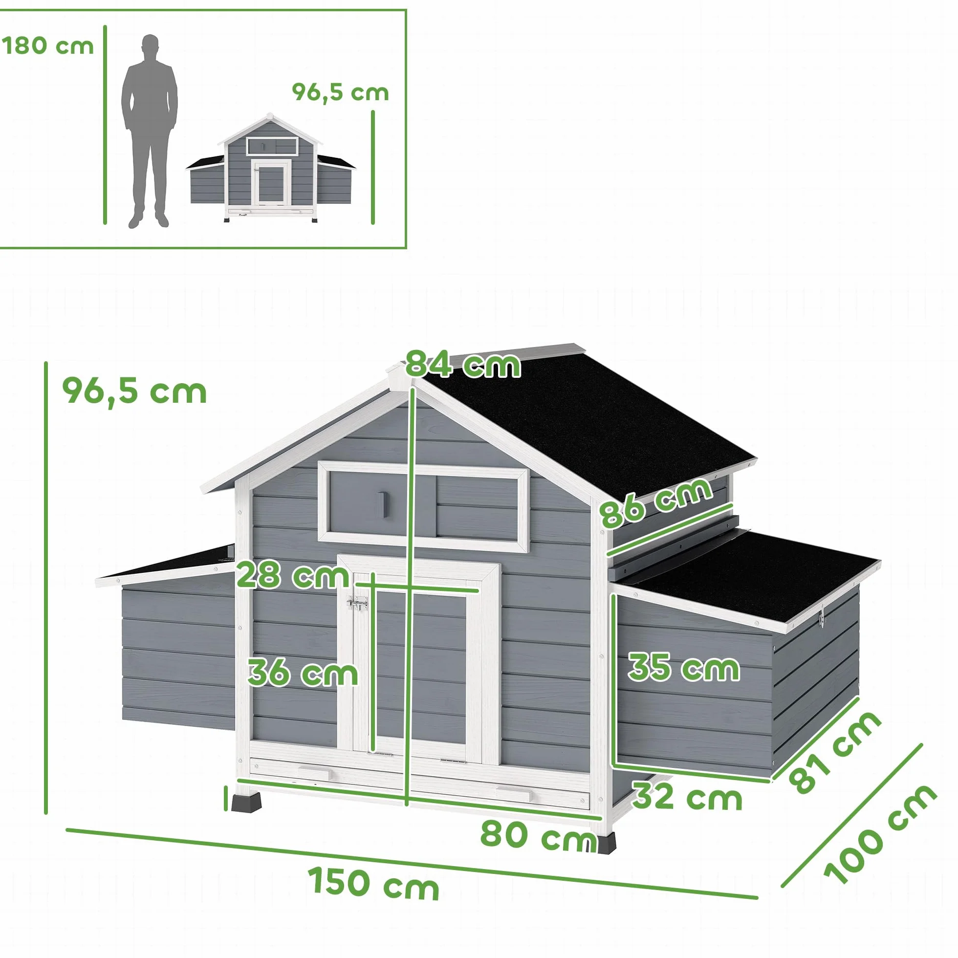 PawHut Gallinero de Madera para Exterior, 2 Nidos, Bandeja Extraíble, Perchas, Techo Impermeable, 150x100x96,5 cm, Gris