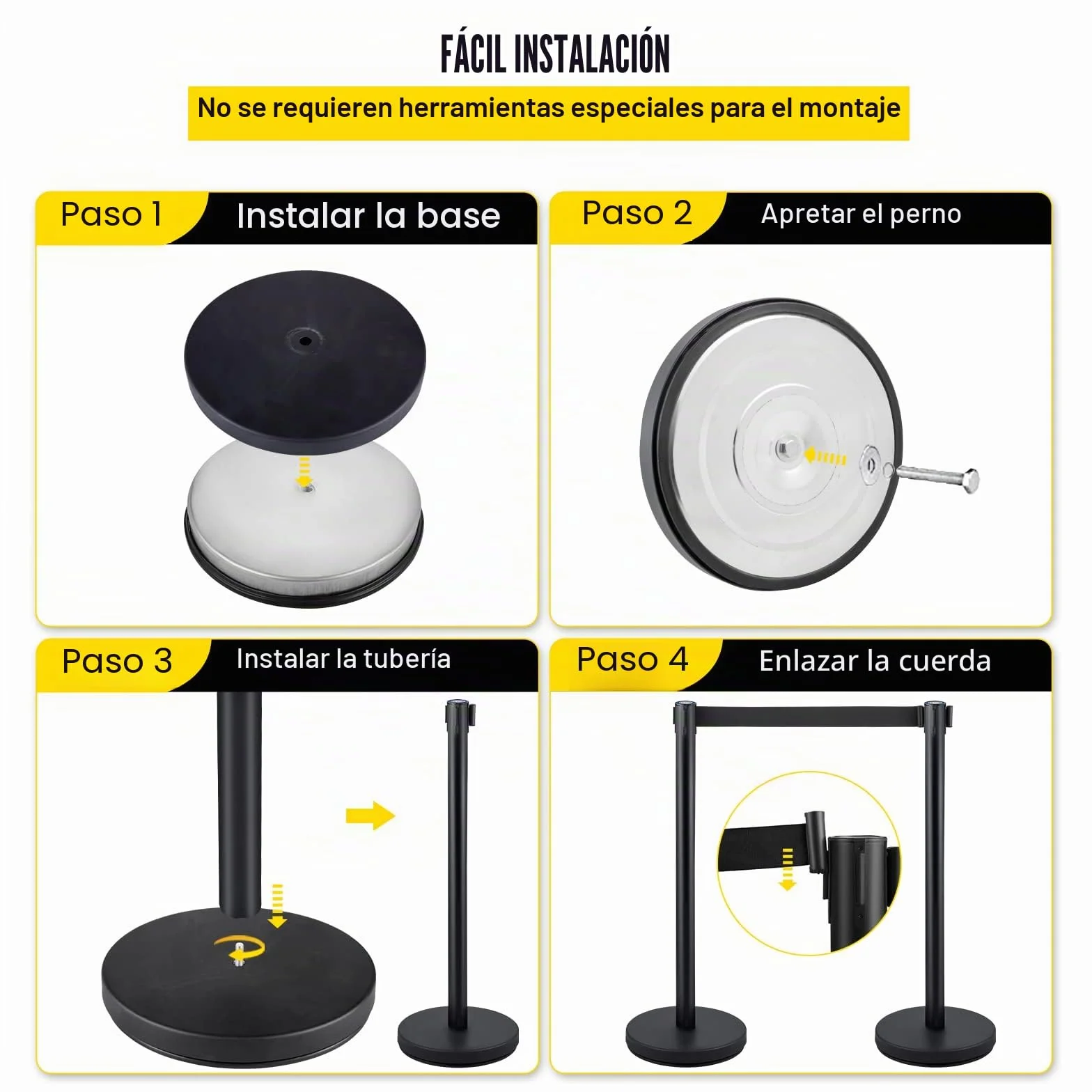 VEVOR Postes Separadores 4 piezas 90 cm Negros Poste Separador con Cinta Extensible 2 m Conexión 4 Vías 22 kg Postes de Barrera Control Multitudes Retráctiles Base Estable
