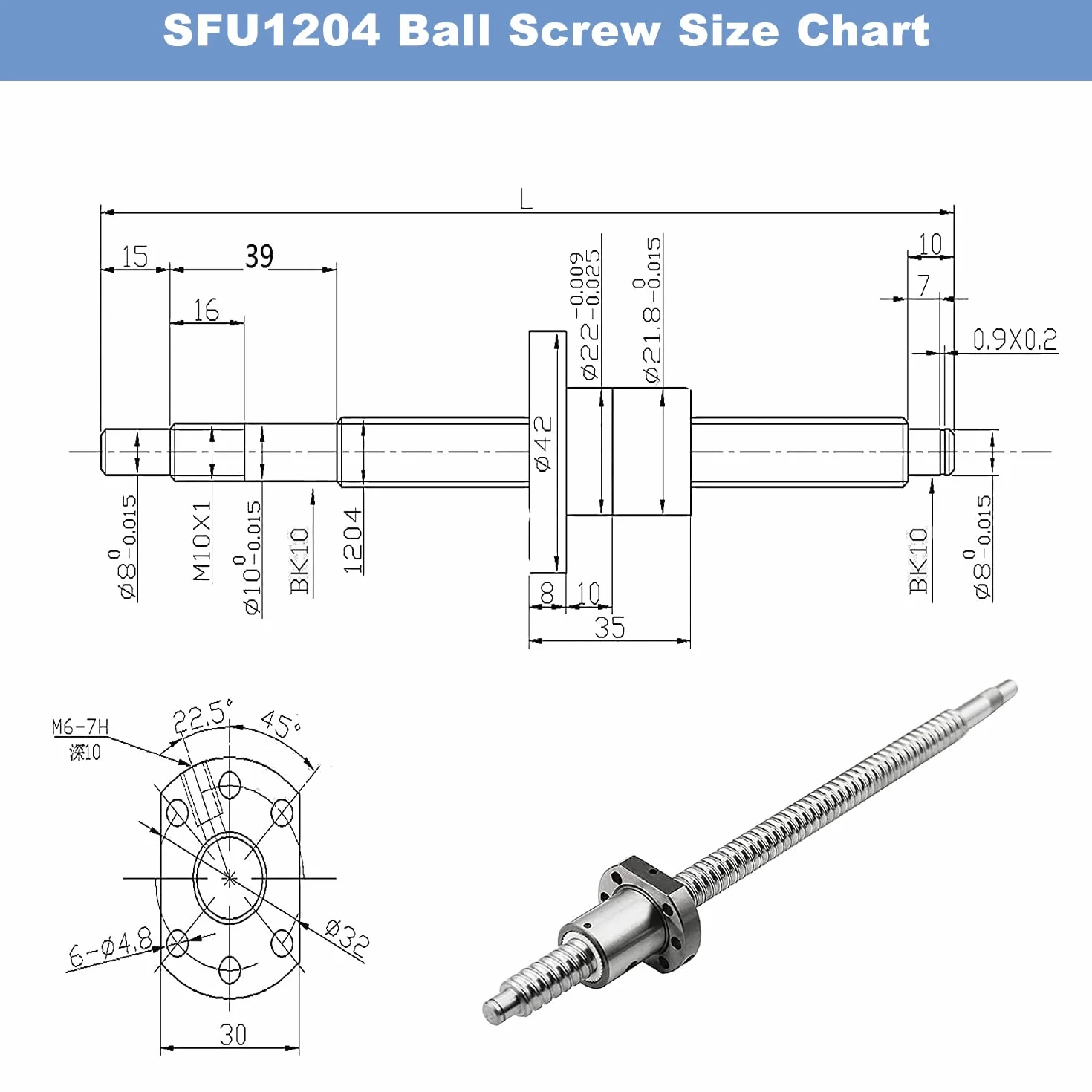 CNCMANS SFU1204 Husillo de bolas 600 mm acero inoxidable extremo mecanizado tuerca soporte Bk10/Bf10 carcasa acoplamiento alta precisión