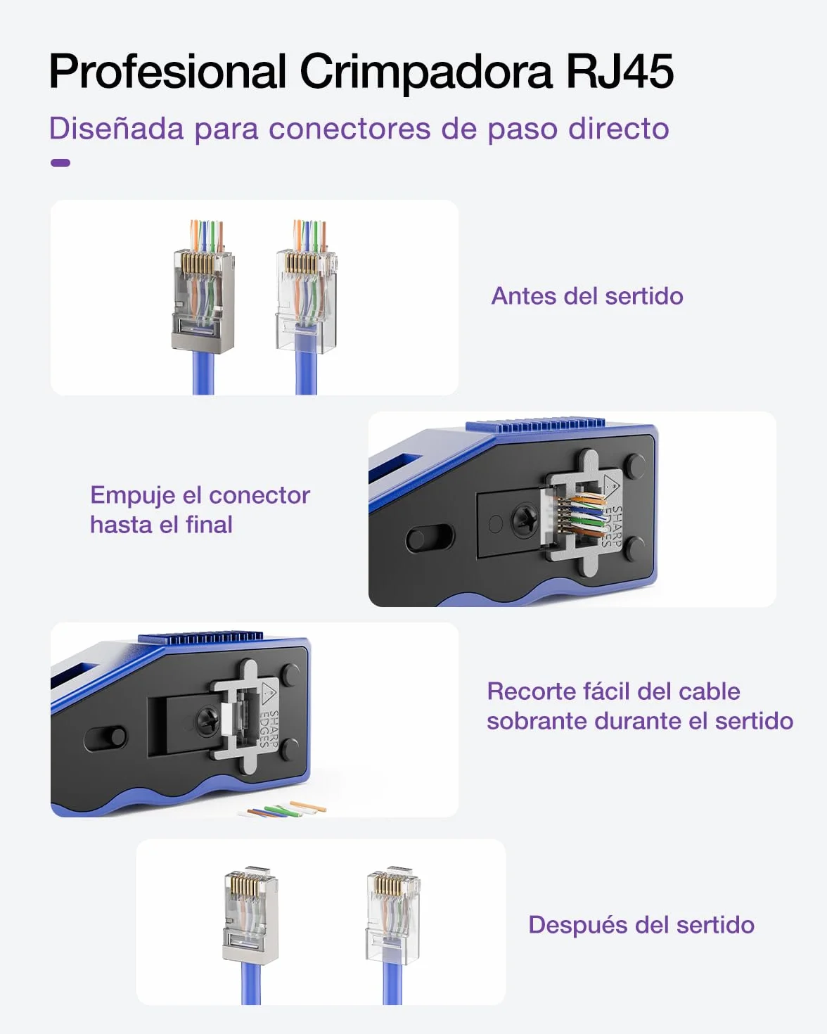 VCE Crimpadora RJ45 Cat7/Cat6A/Cat6/Cat5E GJ670BL Herramienta de Crimpado Universal Corte y Desforre