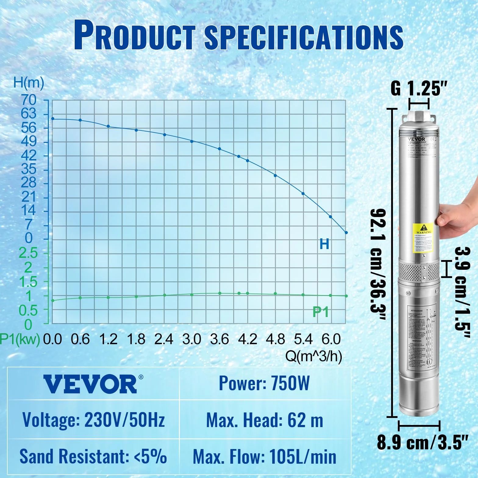 VEVOR Bomba de Pozo Profundo 750 W Sumergible 230V 50 Hz 105 L/min