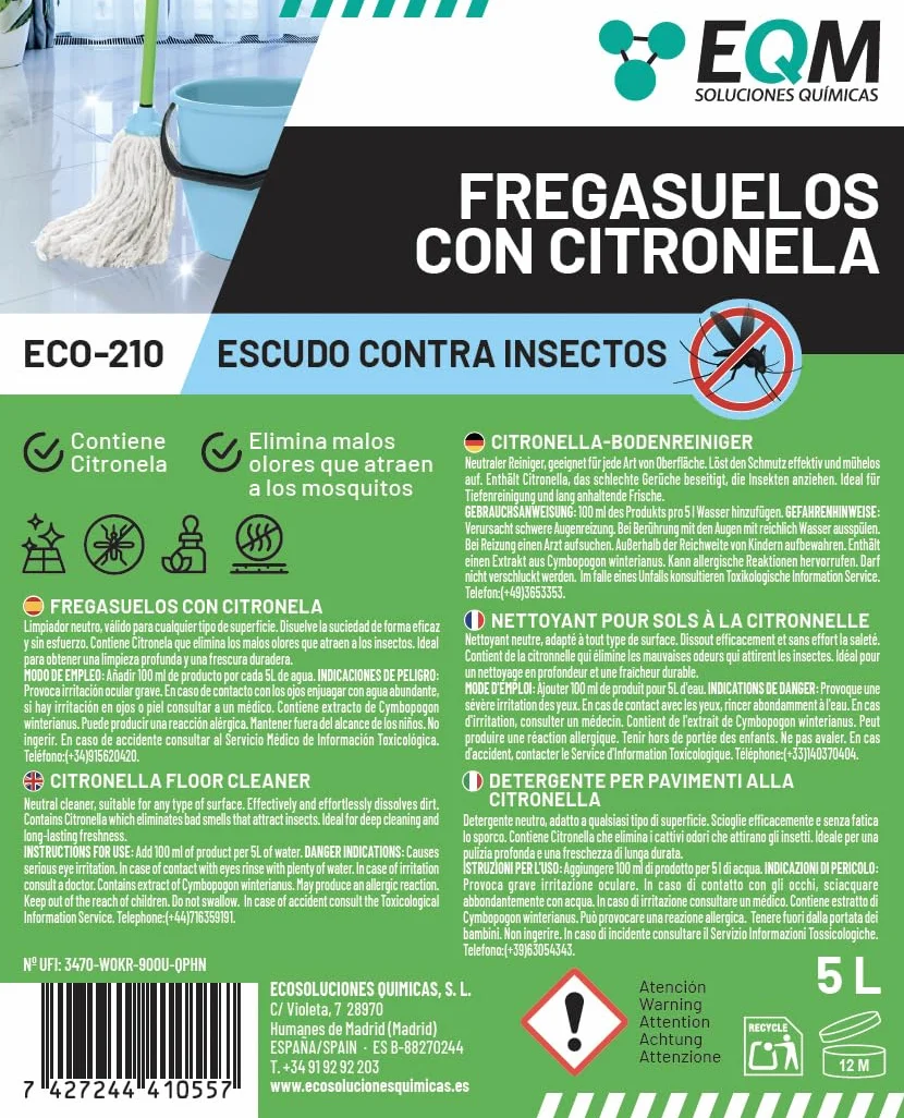 EQM ECO-210 Fregasuelos Citronela 5L Repelente Natural