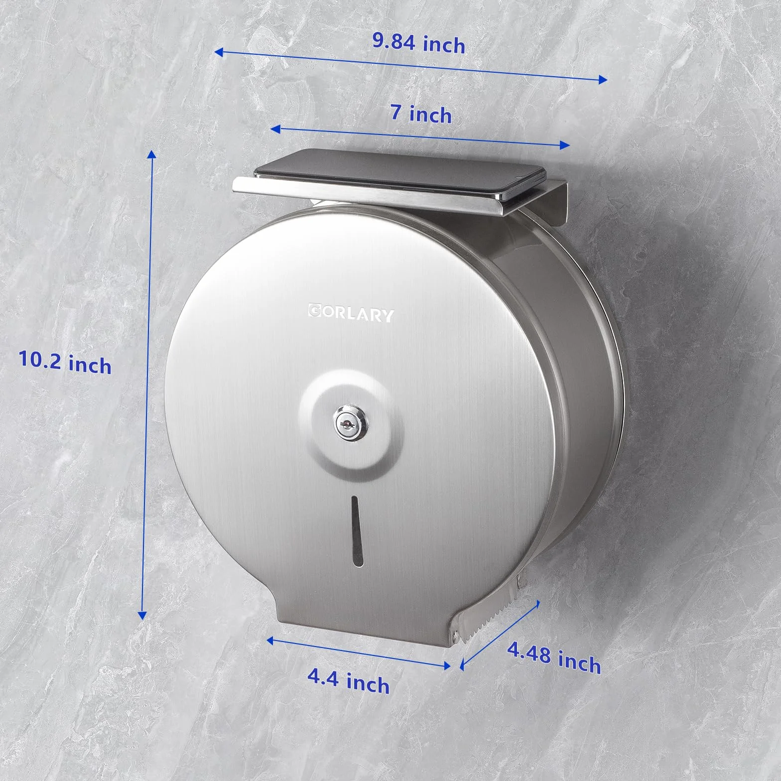 Gorlary Dispensador de Papel Higiénico Gigante Comercial con Estante, Soporte de Acero Inoxidable para Montaje en Pared Plateado