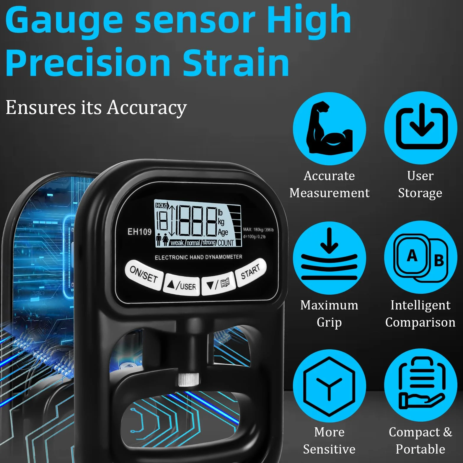 Dinamómetro de Mano Digital 180kg Medidor Fuerza Agarre Pantalla LCD USB Recargable