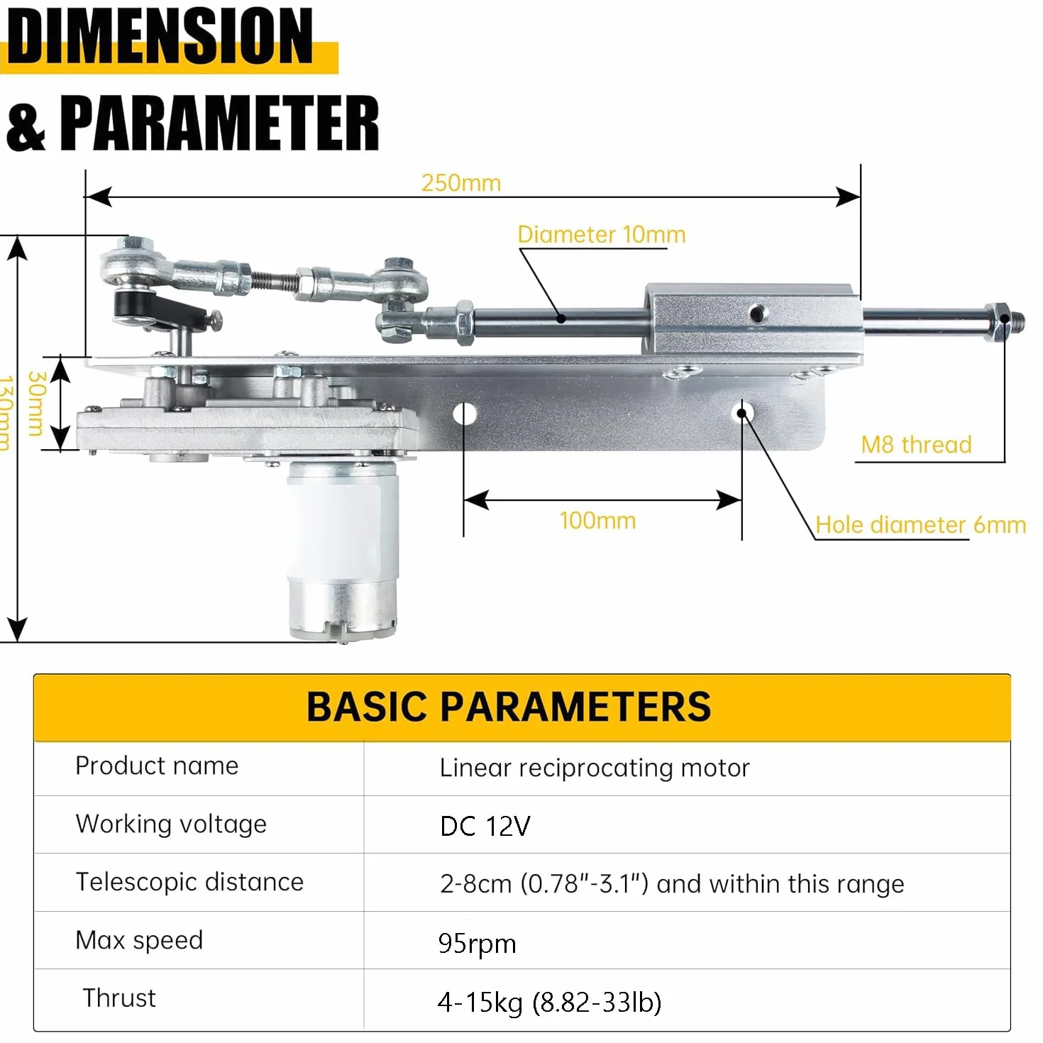 Actuador Lineal DC 12V, Motor Telescópico Ajustable 2-8cm, 95 RPM, Controlador Velocidad