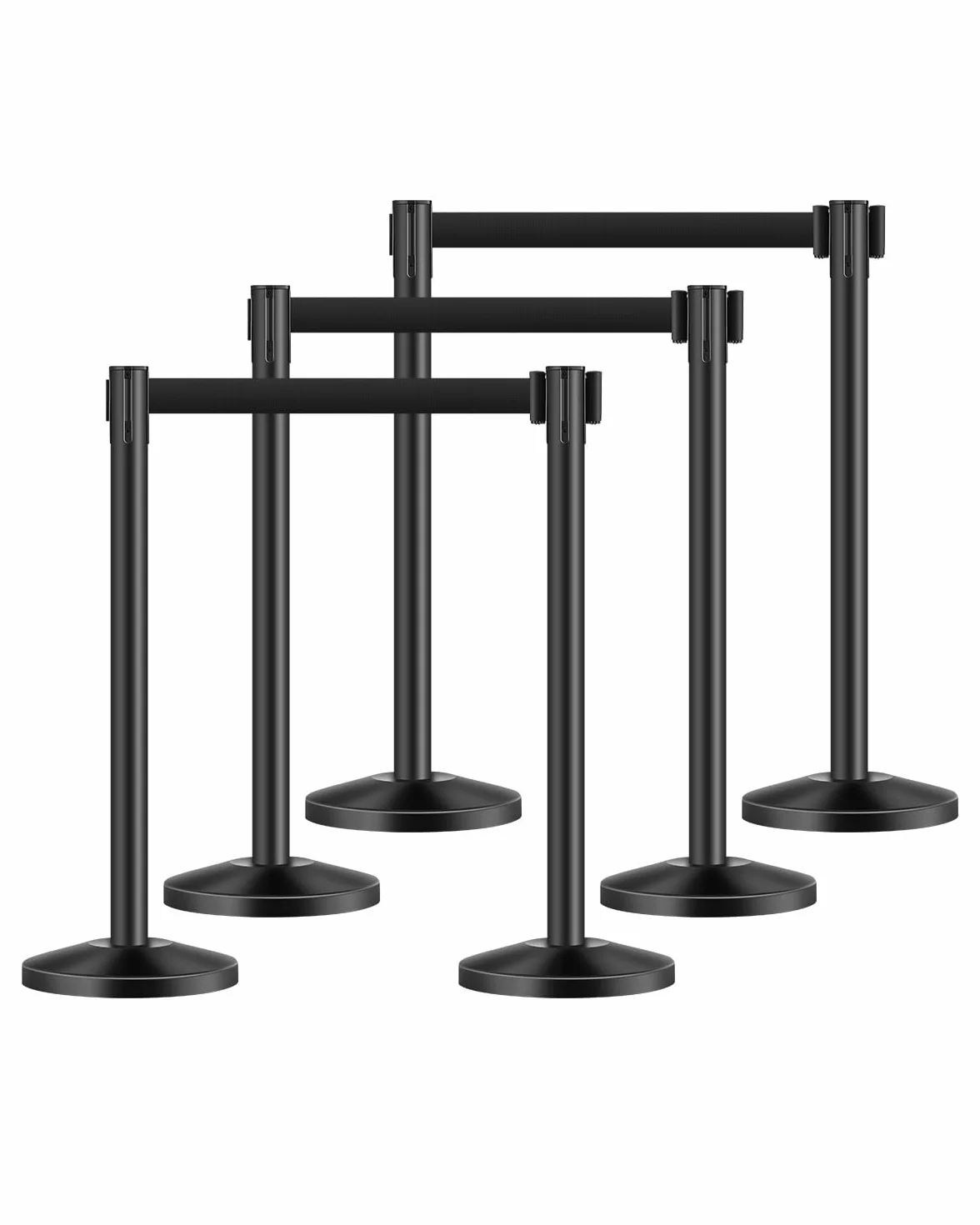 VEVOR 6 PCS Poste de Estaca de Acero al Carbono 2 m con Base Hueca de Inyección de Arena y Cinturones Retráctiles Negros, Barreras de Control de Multitudes
