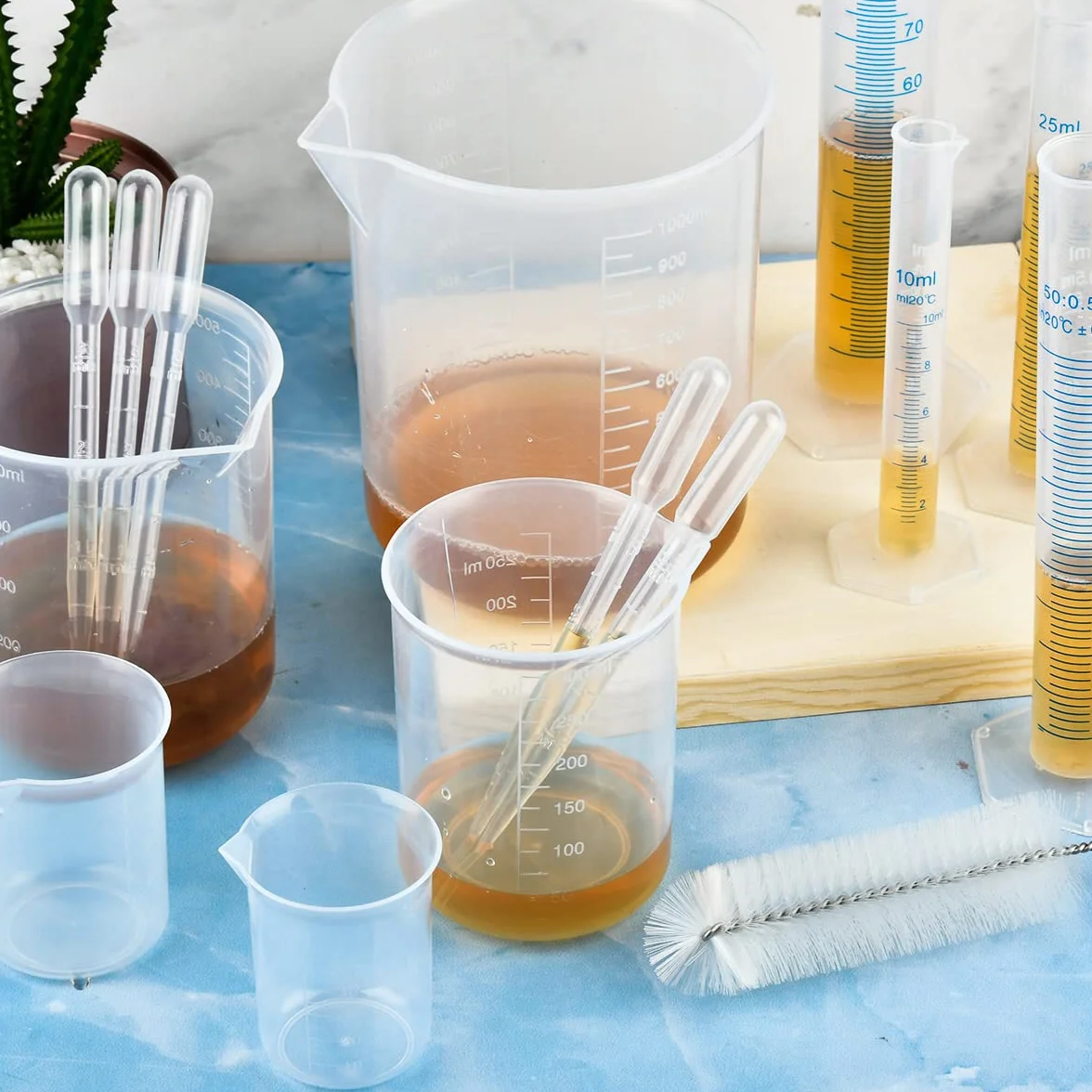 Juego cilindros graduados de plástico medición vasos tubos ensayo jarras frascos laboratorio ciencia pipetas cepillos transferencia líquidos 15pcs