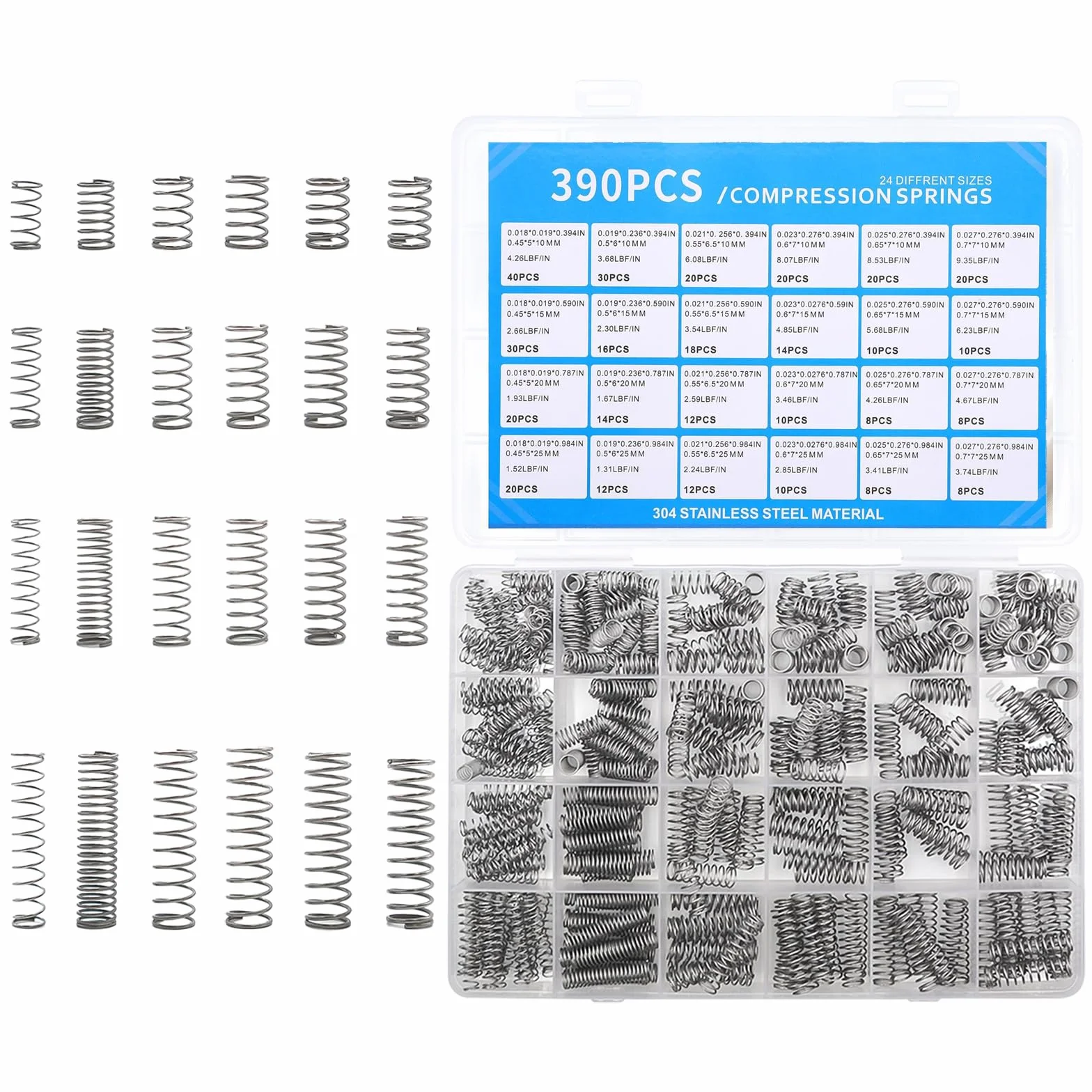 390 Piezas Muelles de Compresion Kit Surtido de Resortes de Compresion 24 Tamaños para DIY Bricolaje