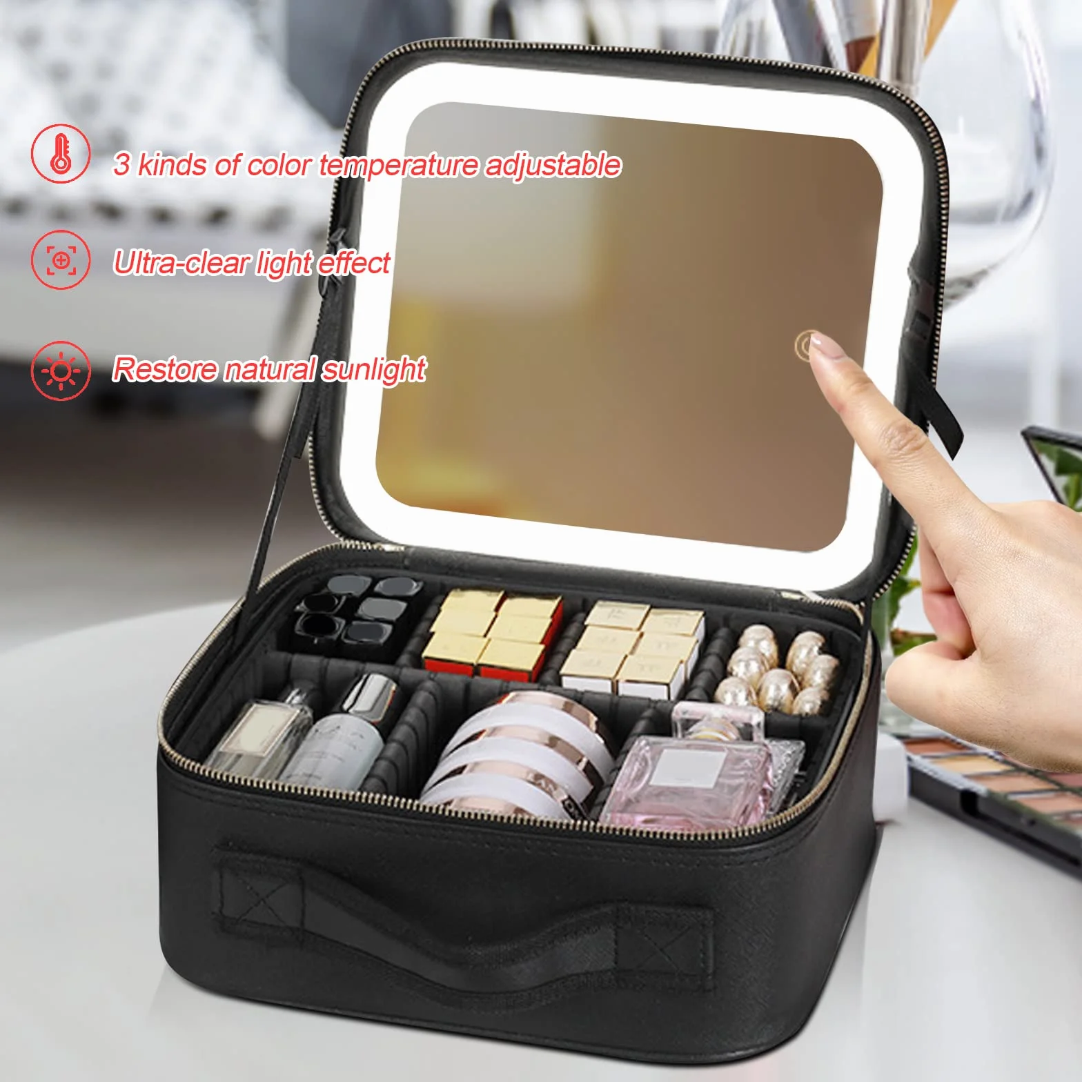 Bolsa de cosméticos de gran capacidad con espejo y luz, bolsa de cosméticos profesional con espejo iluminado, bolsa de cosméticos portátil, compacta y práctica, Rosa., large, Bolsa de cosméticos con