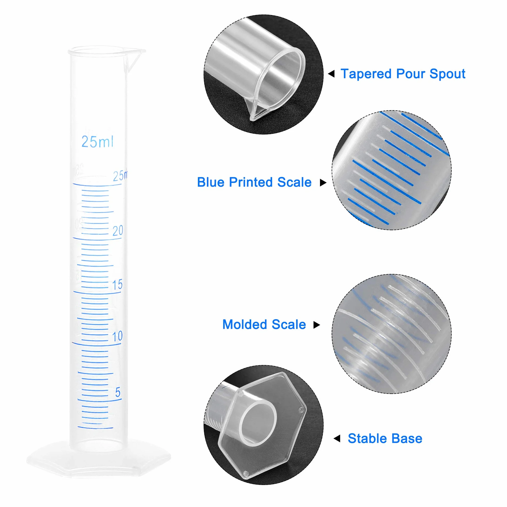 Cilindro Graduado de Plástico 25ml Medicion Ciencia Laboratorio Hexagonal Base 4uds