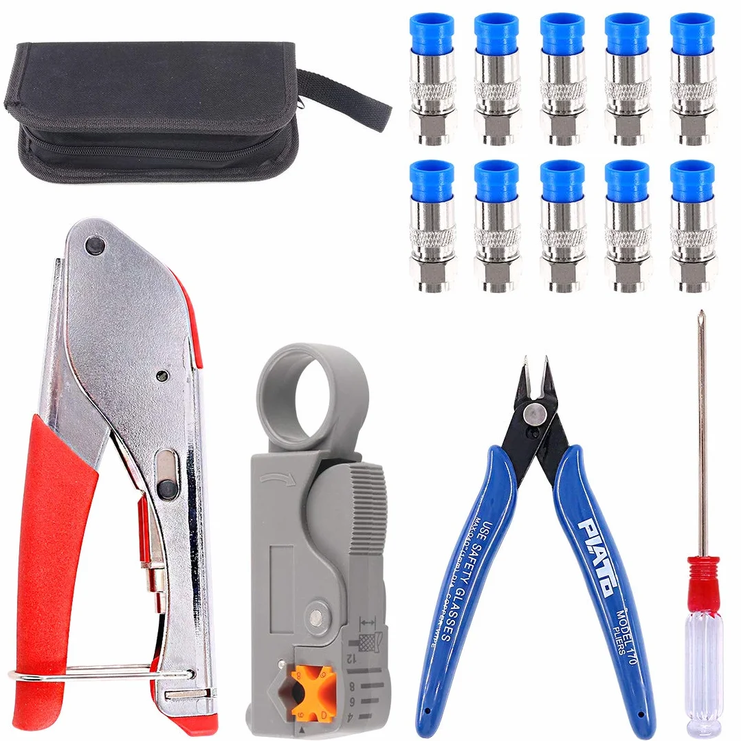 Glarks Kit de herramientas crimpadoras de cable coaxial RG6 RG59, crimpadora de compresión doble hoja pelacables y cortador con 10 conectores F