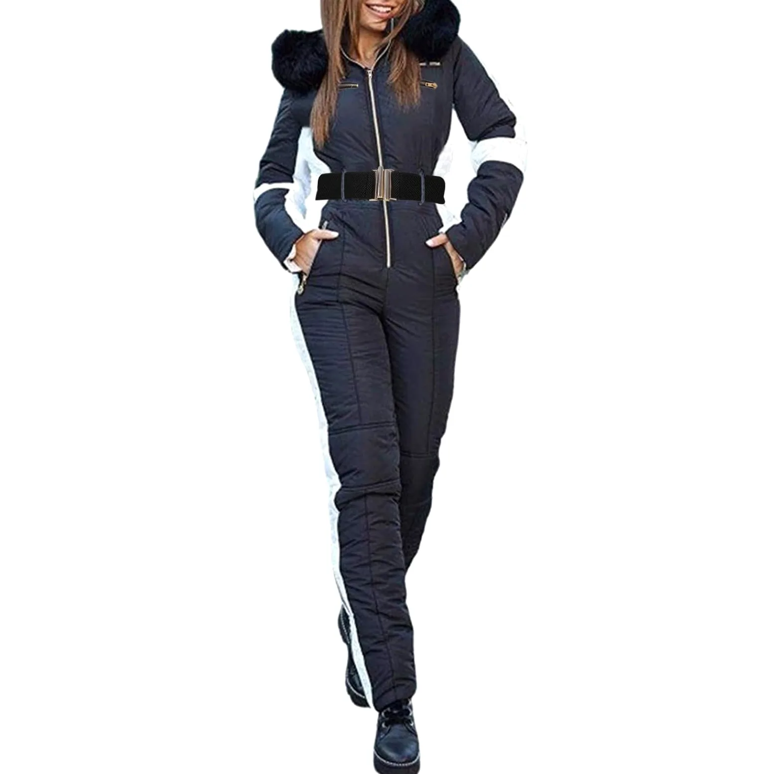IQYU Trajes de nieve para mujer, traje de nieve cálido de una pieza, impermeable, mono de nieve, chaqueta de snowboard con capucha de piel, chaqueta de esquí softshell, ropa de esquí, tallas grandes,