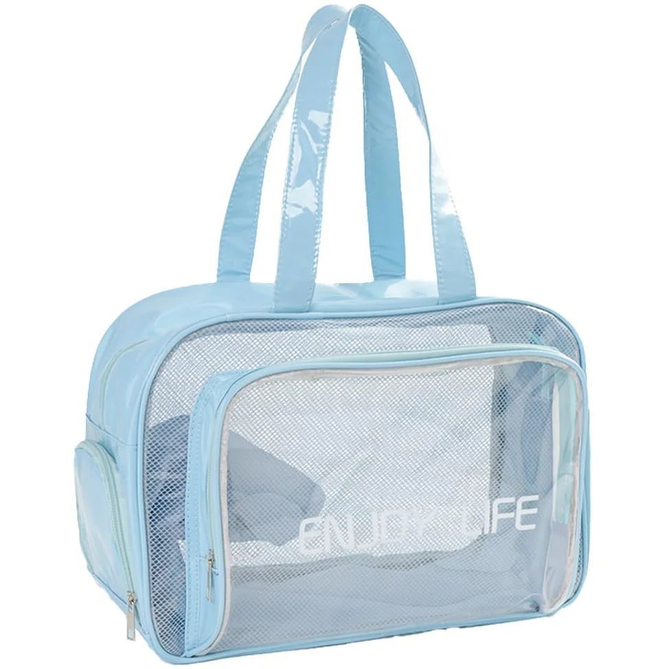Neceser de viaje, bolsa de aseo transparente con asa, bolsa de maquillaje impermeable para playa, viajes, gimnasio, Azul, L