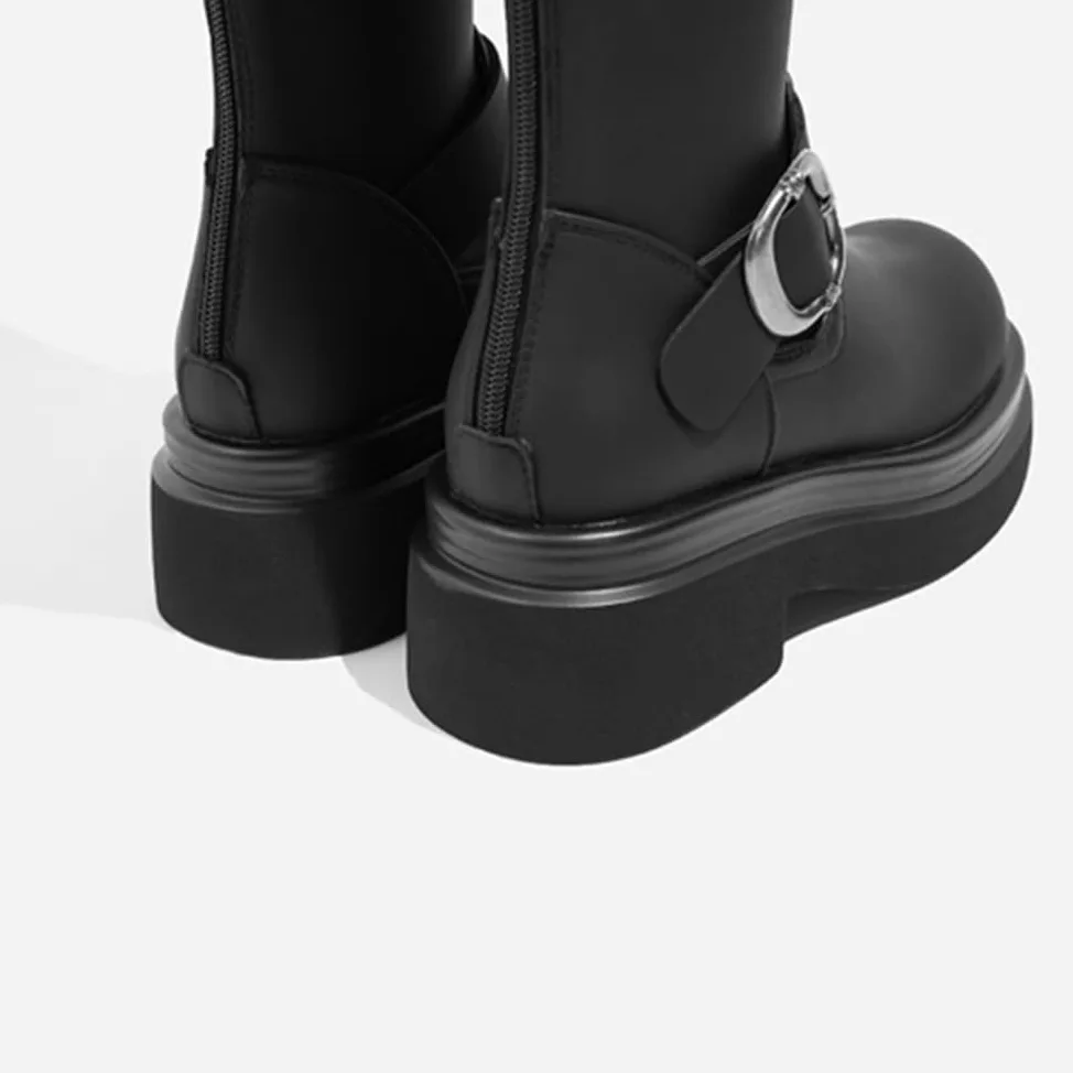 Botas De Montar Mujer Tacón Grueso Punta Redonda A Media Pantorrilla para Otoño Invierno Exterior Y Uso Diario Cuero PU Transpirable Forro Cálido