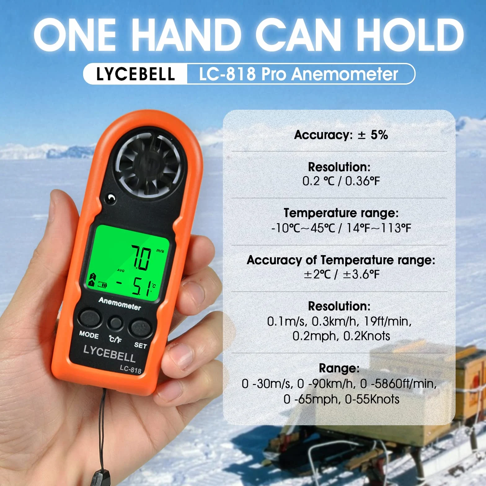Anemómetro Digital de Mano LC-818 Portátil Medición Velocidad del Viento Temperatura