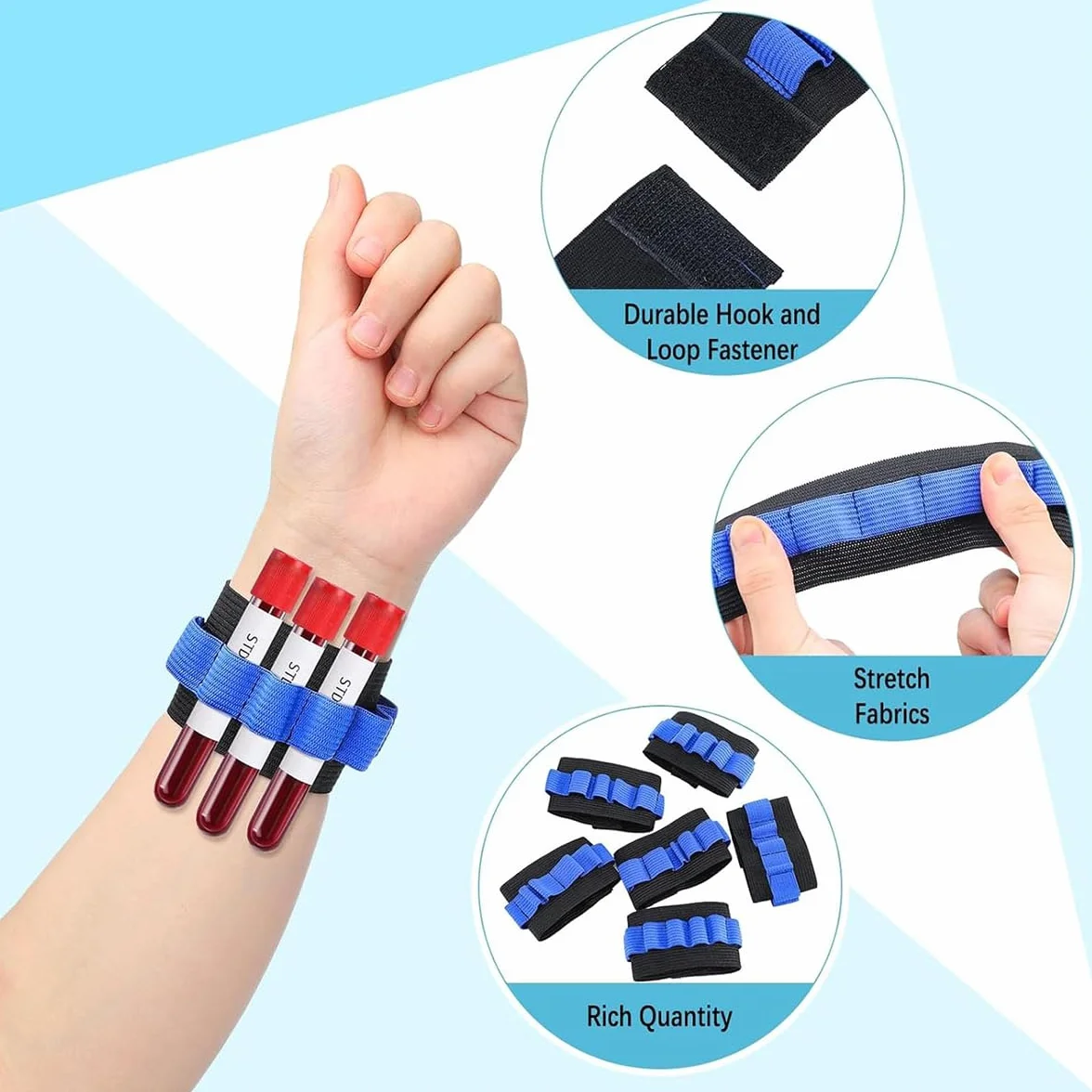 Soporte de tubo de extracción de sangre, muñequeras para flebotomía, capacidad 8 tubos, negro y azul