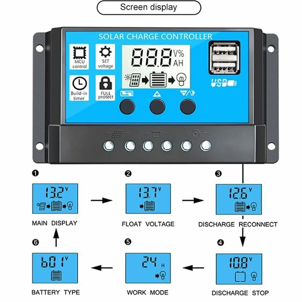 Controlador de Carga Solar PWM 30A 12V/24V Inteligente con Pantalla LCD y Puerto USB