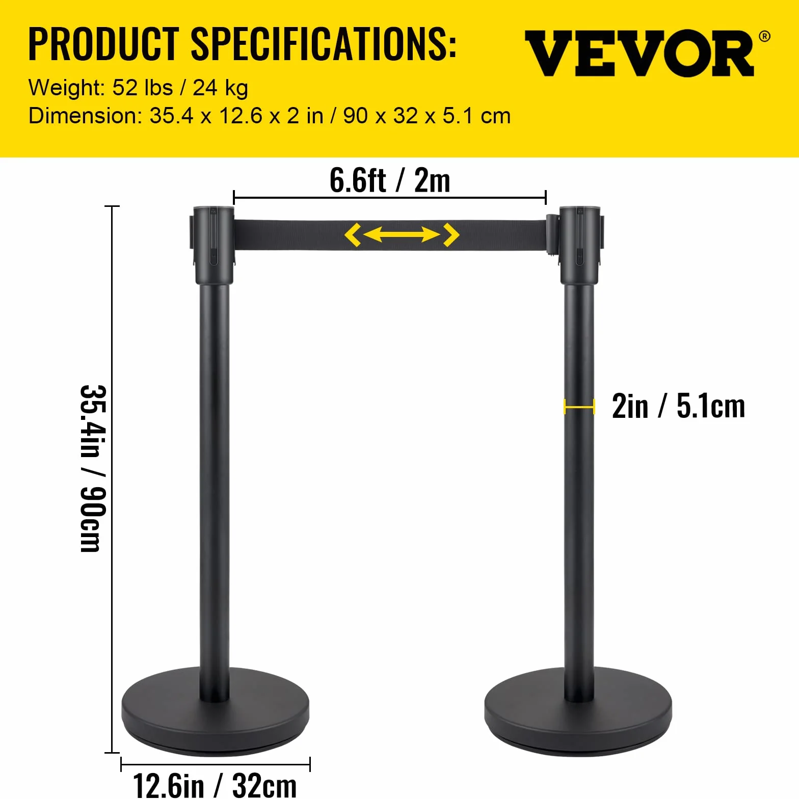 VEVOR Postes para Control de Multitudes 4 Piezas Barrera con Cinturón Retráctil Negro 2 m Base de Hormigón y Metal