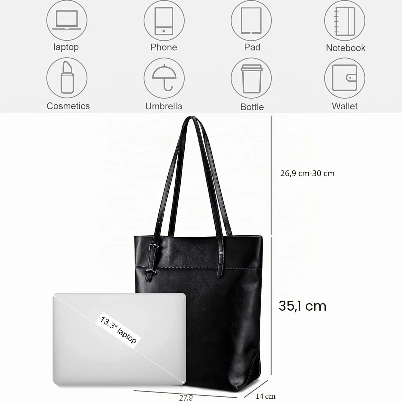 S-ZONE Bolso de mano vintage de piel de vaca dividida de gran capacidad