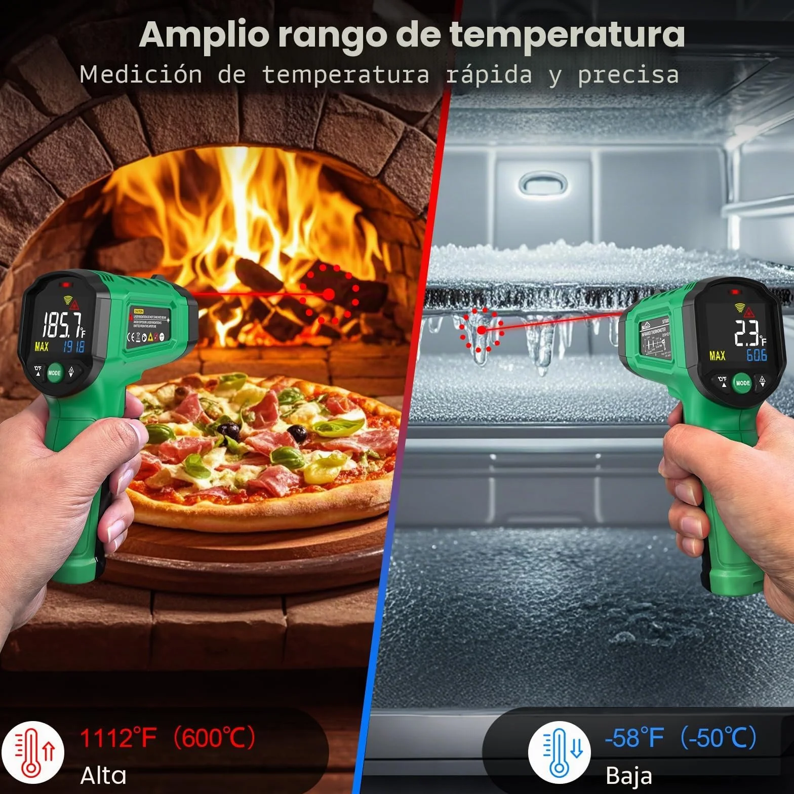 Termómetro Infrarrojo SQECH Láser -50℃~600℃ Emisividad Ajustable Retroiluminación Color Verde