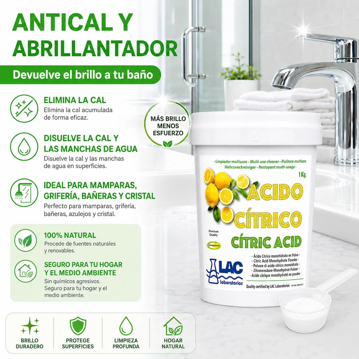 Ácido Cítrico anhidro natural 100% puro 1 kg laboratorios LAC